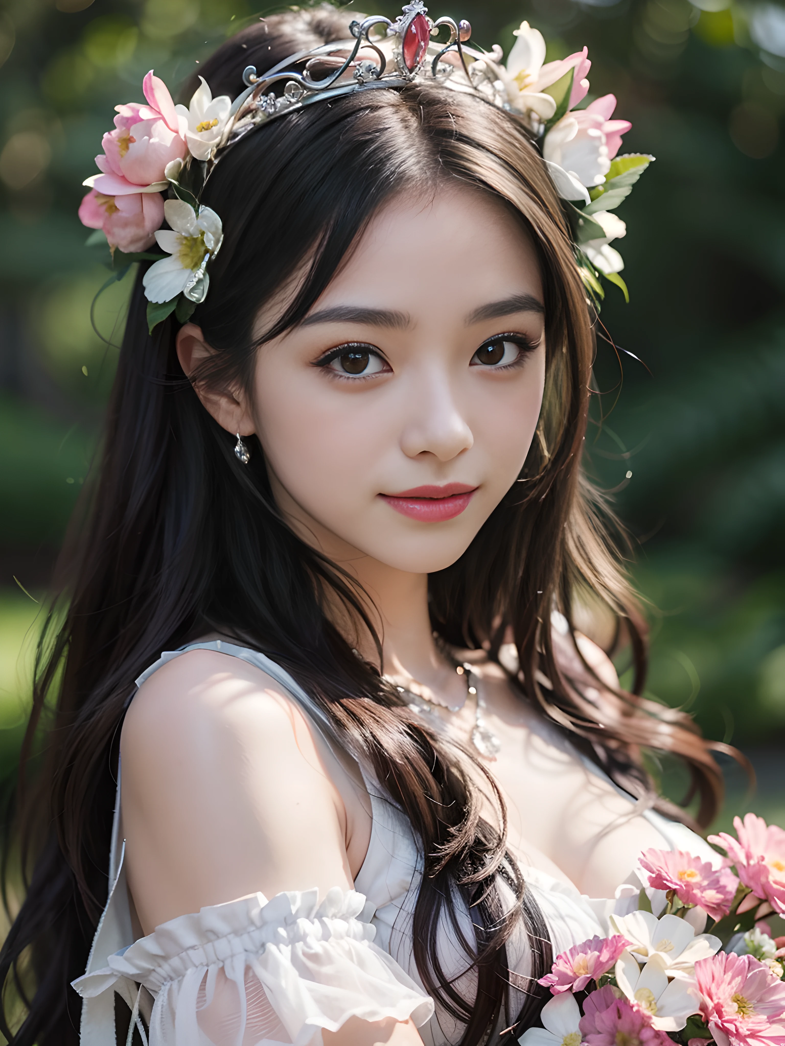"(ultra-detailed masterpiece, best quality) Capturing a close-up of a delicate and subtle smile with a hint of blush highlights a stunning flower tiara atop the subject's head."