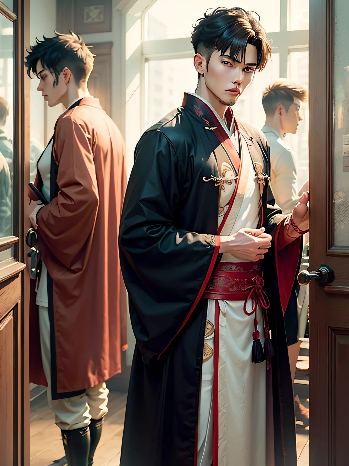 Anime men，Handsome，Daytime scene，standingn，Hanfu，short haircut，Infirmary，