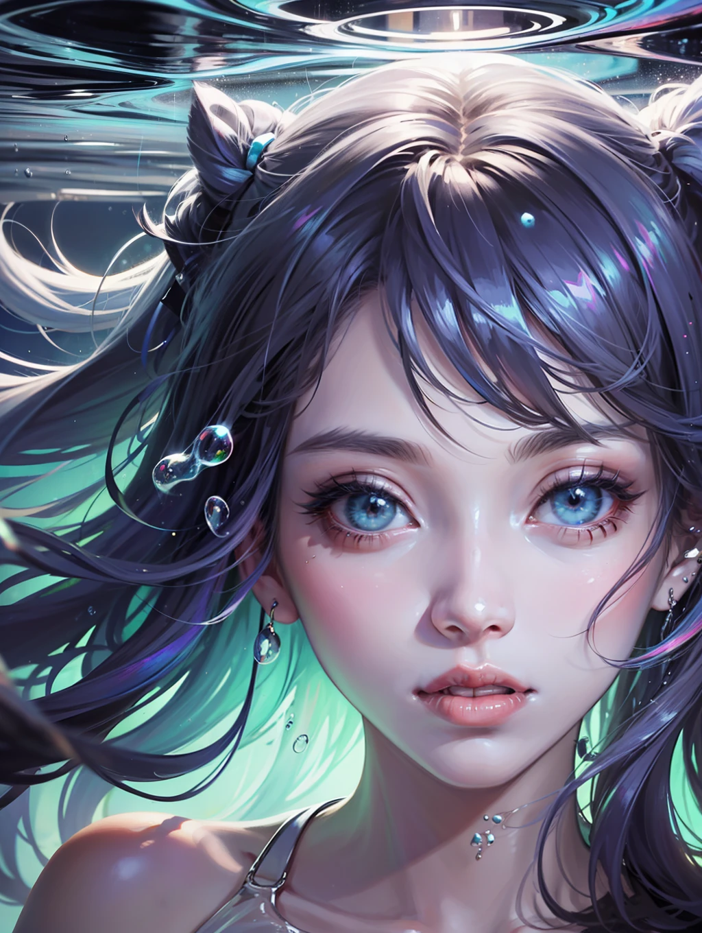 Unleash your creativity and dive into a world of vibrant imagination as you create a stunning portrait of a beautiful girl surrounded by colorful bubble art, Irridescent color. Infuse the image with high-quality details, capturing the iridescent glow and delicate reflections of the bubbles, while showcasing the girl's captivating features and her sense of wonder and joy. Irridescent color art