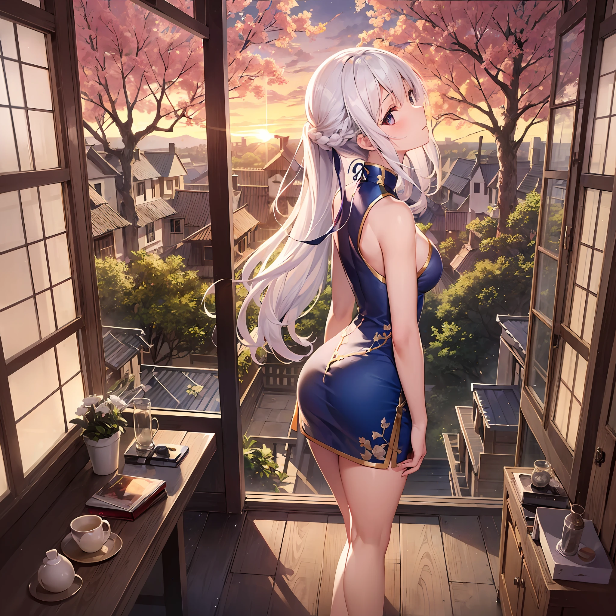1girl, solo, looking afar, facing away, (arched back:1.2), white hair, long hair, drill hair, quad drills, chinese clothes, (bare legs:1.15), (treehouse:1.25),(looking after the window of the treehouse),profile, sky, beautiful detailed sky, dusk, sunset, in summer, ray tracing, backlighting,dutch angle,