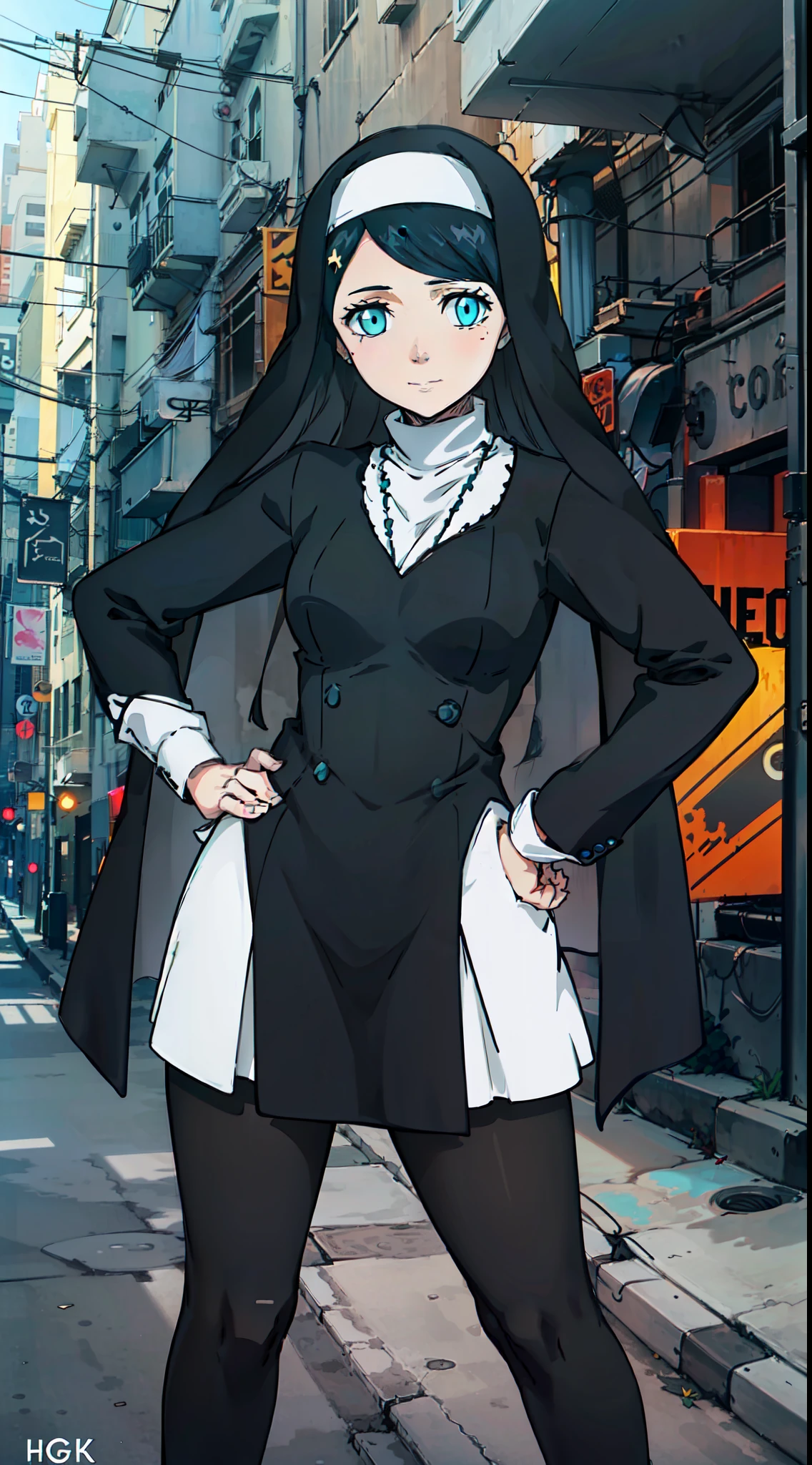 (extremely detailed CG unity 8k wallpaper:1.1),high resolution, detailed body skin, contrast, color, shadows, street background,1girl,nun,long black hair,(blue eyes),medium chest,hands on hips