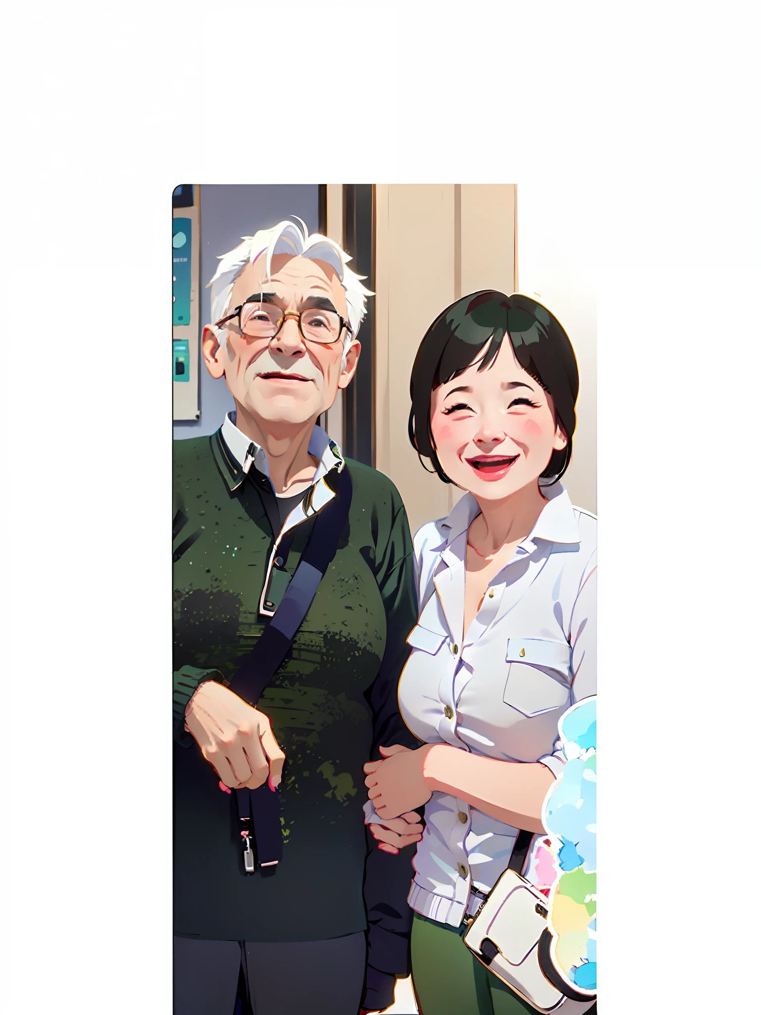 1 sticker, handbook, (sticker, 2 old couples, one old man, one old woman with black hair, man with white hair, a strong expression, Sample the facial expression from the image, old man have no beard, old man smiling, old woman grinning, old man have green sweater with orange linings, old woman have a simple yet fashinoable white shirt, watercolor, white background, simple background, minimal, cute, tiny, pastel color, vector style, no gradient, handsome, ultra high quality、blue archive emoji style, detailed, cartoon, simple features, ultra high quality, vector, strong contours, sticker, simple background, white background, one man and one woman, old couple, cute, man with glasses and white hair and green sweater, woman, smiling, beautiful, minimalistic but cool background, arms in arms, old woman with laugh lines, old man without beard, little wrinkels on the clothes