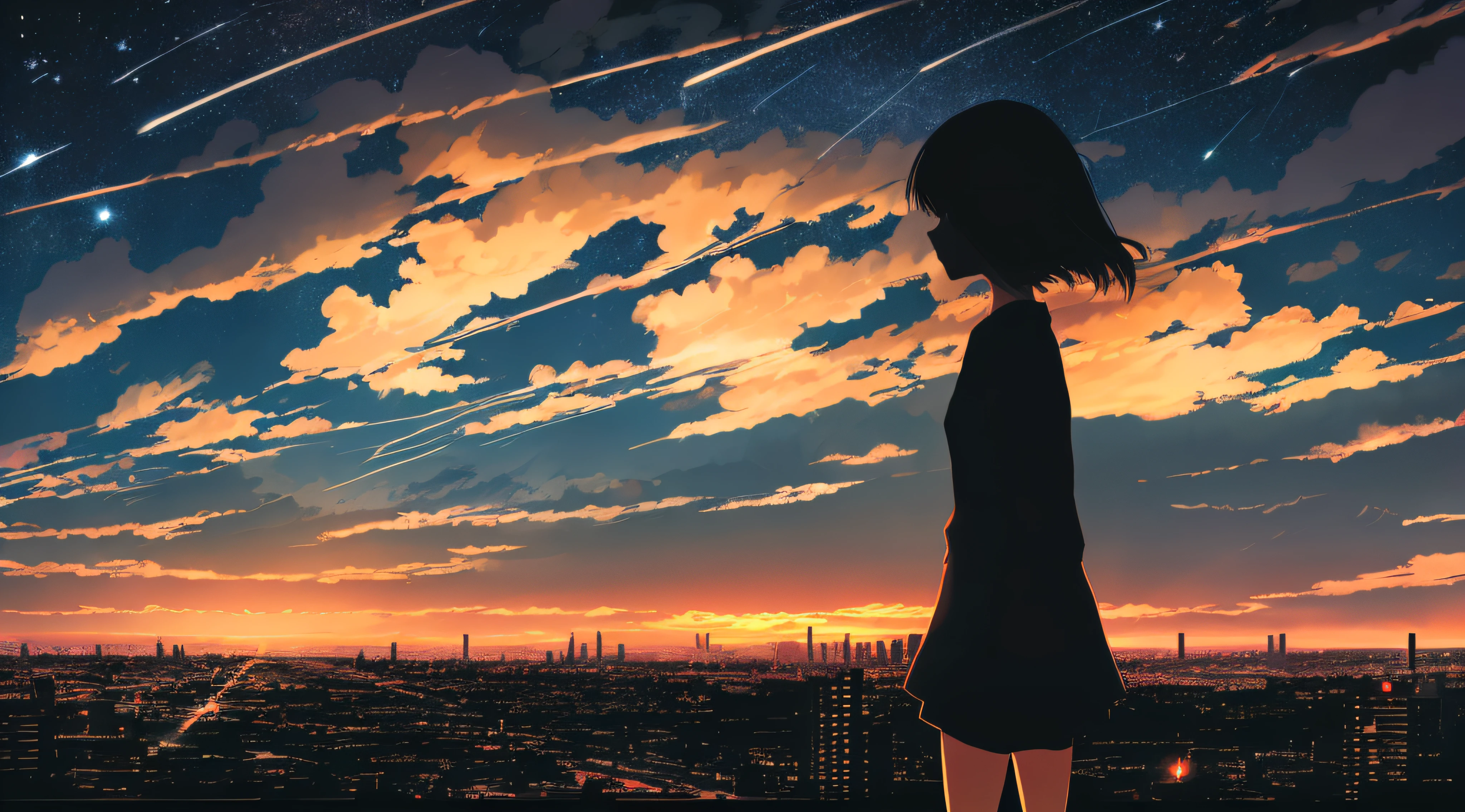 anime,silhouette,1girl, star (sky), cloud, cityscape, building, city, outdoors, skyscraper, city lights, night, night sky, sunset, skyline