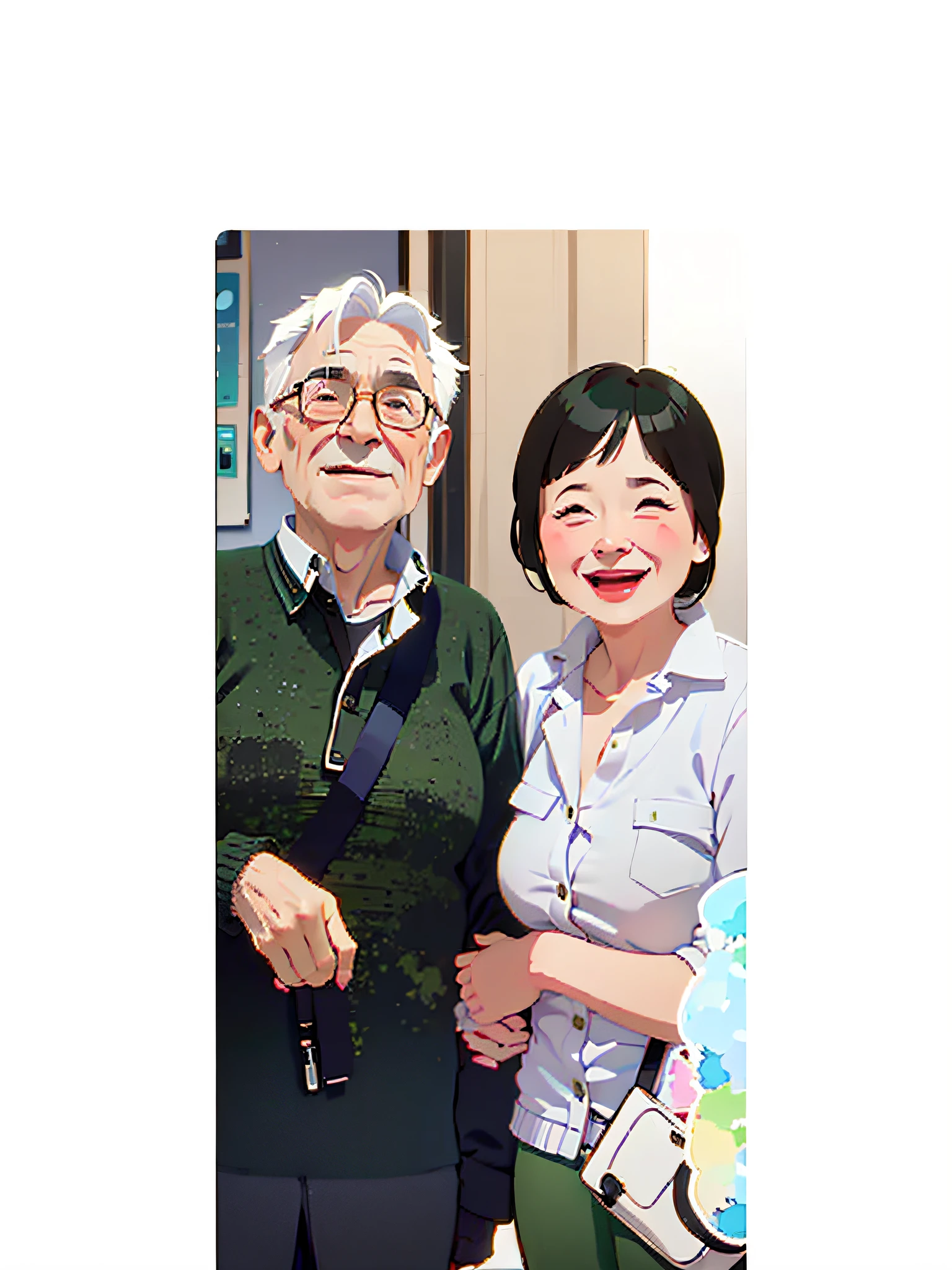 1 sticker, handbook, (sticker, 2 old couples, one old man, one old woman with black hair, man with white hair, a strong expression, Sample the facial expression from the image, old man have no beard, old man smiling, old woman grinning, old man have green sweater with orange linings, old woman have a simple yet fashinoable white shirt, watercolor, white background, simple background, minimal, cute, tiny, pastel color, vector style, no gradient, handsome, ultra high quality、blue archive emoji style, detailed, cartoon, simple features, ultra high quality, vector, strong contours, sticker, simple background, white background, one man and one woman, old couple, cute, man with glasses and white hair and green sweater, woman, smiling, beautiful, minimalistic but cool background, arms in arms, old woman with laugh lines, old man without beard, little wrinkels on the clothes