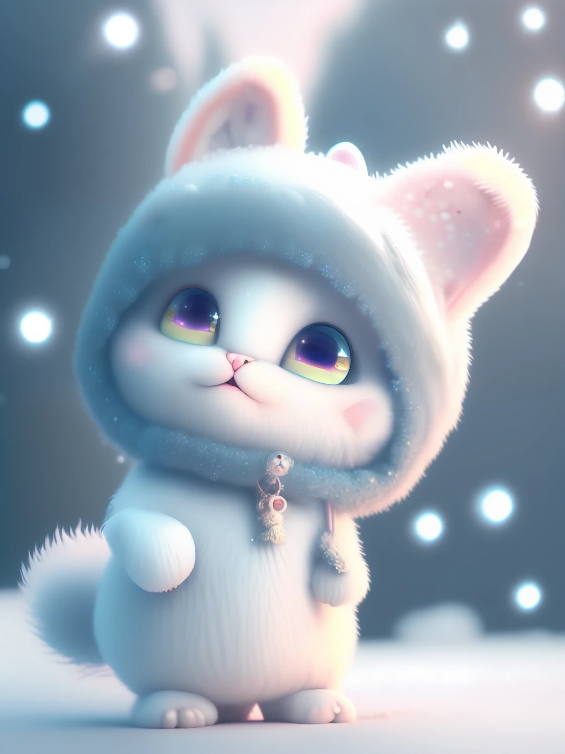 a cute little cat+Snow-white furry，Big bright eyes，A sweet smile，A sweet smile，Open-mouthed！！！，Dress up as a fashion model，Wearing a stylish suit with pink crystal texture，Hats and handbags，Snow white fluffy，Big bright eyes，Big bright eyes，standingn，Fluffy tail，Winter rises，The snow flutters gently，Extremely detailed 3D animation renders symmetrical center position， Super realistic， super detailing， posh， 3， 电影灯光， ultra clear details， Ultra-transparent material， Close-up of， complex texture， rendering by octane， zbrush， 8K， Ultra-realistic UREAL，Open-mouthed！！！，rightward！！！