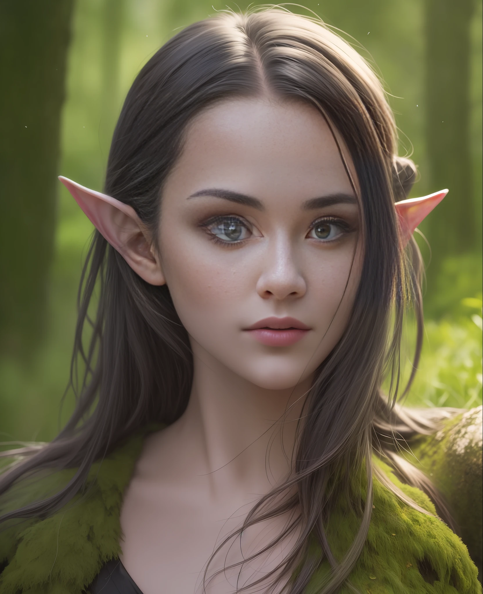 **a portrait of an iconic fantasy, a portrait of a elf with blue eyes and pointed pointy ears, in the style of realistic and hyper-detailed renderings, chilling creatures, 32k uhd, andrea kowch, pseudo-realistic with wind swept hair, realistic, in realistic mossy Forest photography by David bailey. Hasselblad CFV II 50C digital camera ,4k ,sharp focus ,bright colour ,(soft suntanned skin) Albedo map ,normal map ,specular map ,diffuse map ,light map ,noise map ,reflective map ,opacity map ,subsurface scattering ,light and shadow ,global illumination ,dappled shadows