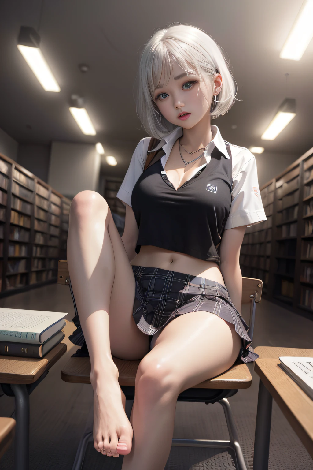 Top image quality、Raw photography、Super-High Resolution、17-year-old Korean、big round chest、cleavage of the breast、student clothes、Y-shirt、School uniform shirt、Shirt not closed、plaid skirts、Black bra、fair white skin、shiny white skin、a short bob、bright silver hair、bright white hair、Beautiful eyes with random colors、beautiful eyes finely detailed、elongated eyes、pale pink blush、long eyeslashes、Beautiful double eyelids、eyeshadows、Beautiful navel、Beautiful ribs、Thin beautiful legs、beautiful foot、a necklace、耳Nipple Ring、Night School、Library dimly lit at night、Very dark room、Black ceiling、Black walls、Ridicule、Sit at a desk and put your feet on a chair、Stomping books