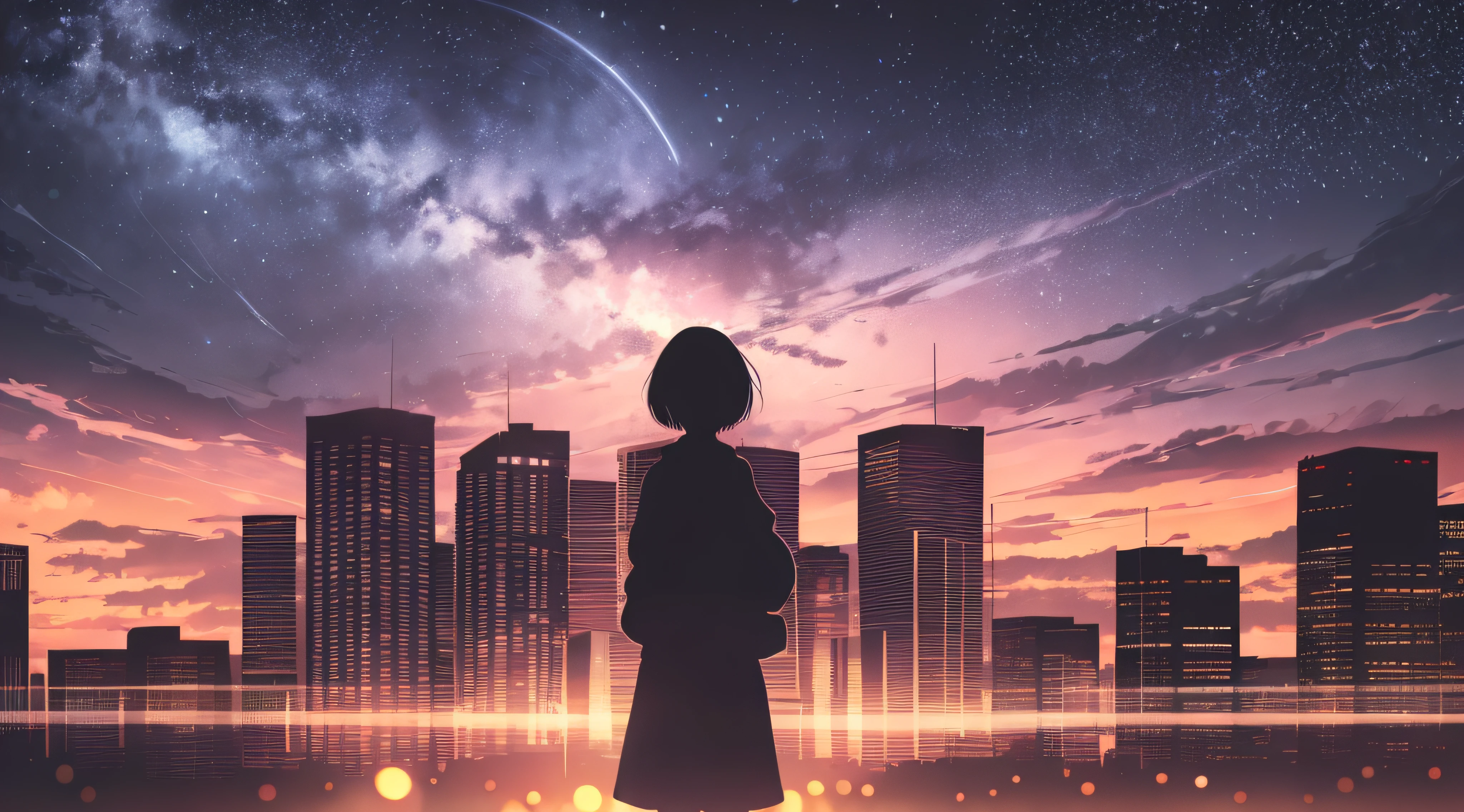 anime,silhouette,1girl, star (sky), cloud, cityscape, building, city, outdoors, skyscraper, city lights, night, night sky, sunset, skyline