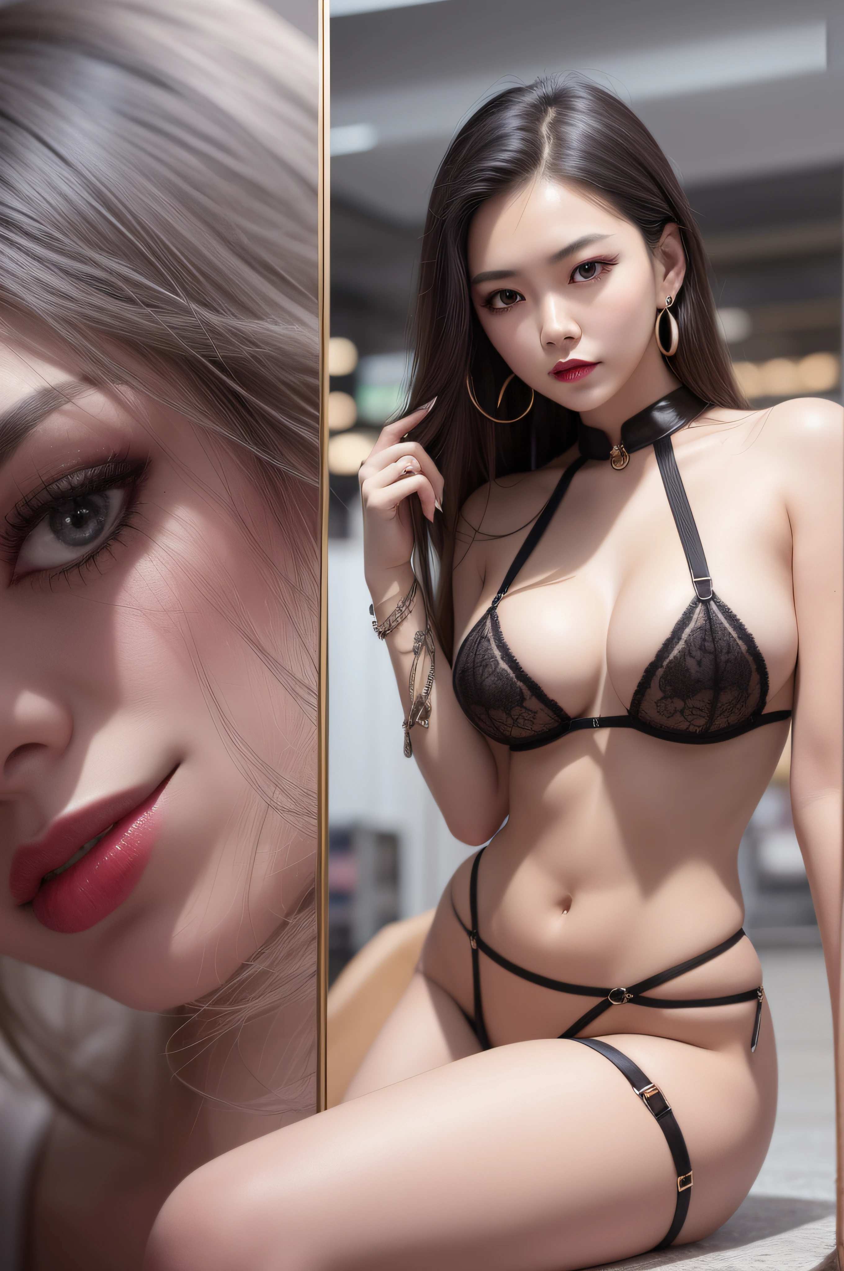 full-body portraits, photograph realistic, Beautiful Chinese woman, Adult video actress, In a crowded supermarket, Slim figure, Height 1.6 meters, Perfect body proportion, 34C breasts, nacked breast, Slim waistline, Elongated legs, 28-inch hips, Fine fine skin, Full forehead, Slender eyebrows, Wear a sexy fashion suit, Suspender stockings, Stiletto heels, tempting pose, black hair, streaked hair, bangs, curly hair, messy hair, hair slicked back, medium hair, jewelry, longeyelashes, earrings, serious, scowl, makeup, red lips, cinematic lighting, three sided view, masterpiece, textured skin, super detail, best quality, 16k