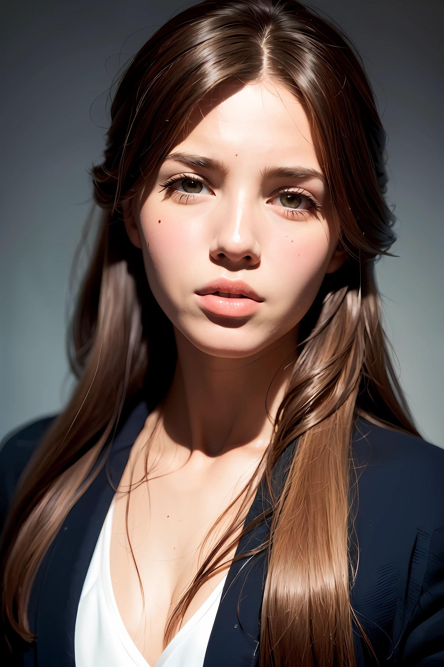 Hyperrealist portrait of female by david hockney and alphonse mucha,fantasy art, photo realistic, dynamic lighting, artstation, poster, volumetric lighting, very detailed faces, 4 k, award winning,, 1girl, in the dark, deep shadow, low key,cowboy shot,(official clothing:1.4) ,long hair,white hair,