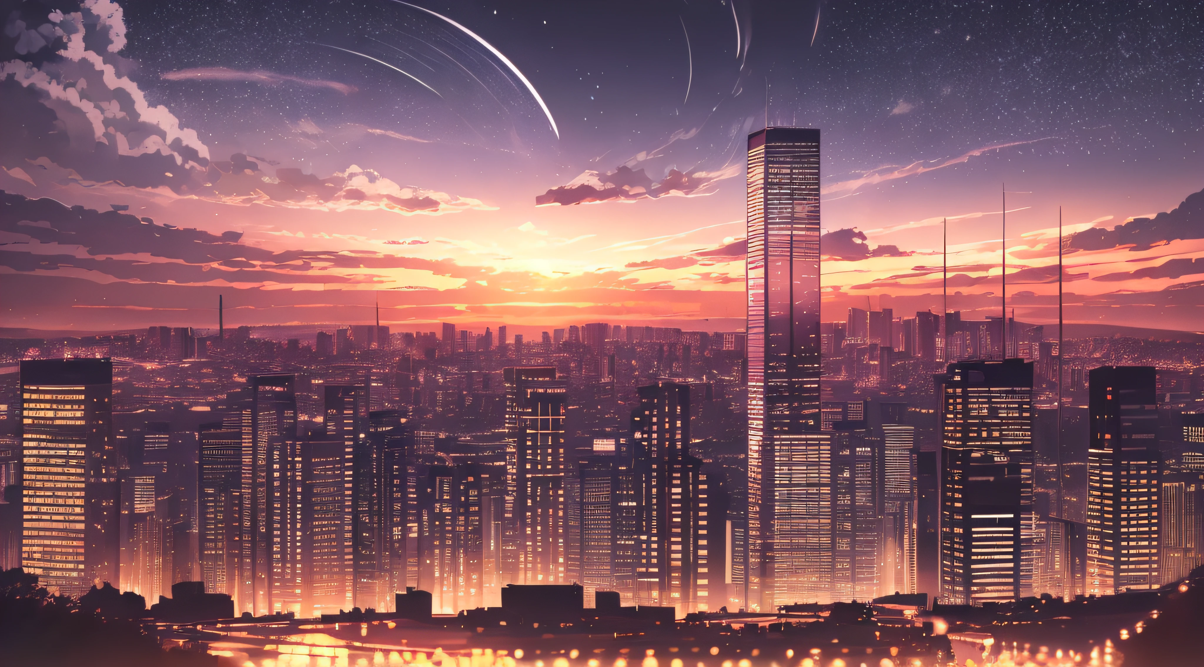 anime,silhouette,1girl, star (sky), cloud, cityscape, building, city, outdoors, skyscraper, city lights, night, night sky, sunset, skyline