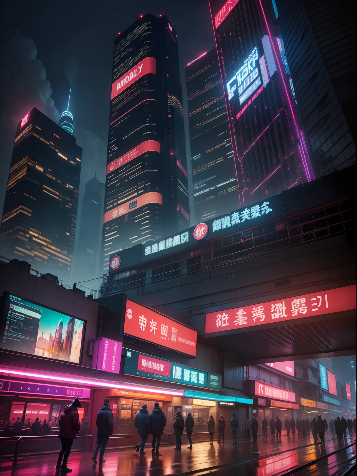 Night City,Futuristic architecture,Huge video walls and puddles reflective,Neon lights illuminate the railway,Blade runner city,Hong Kong at night,advertising billboard(Weight 1.2),A combination of cinematic atmosphere and original art,Focus on matte and modeling,Multi-channel exposure,An animated film with a sense of the times influenced by Italian architect Santa Elia.