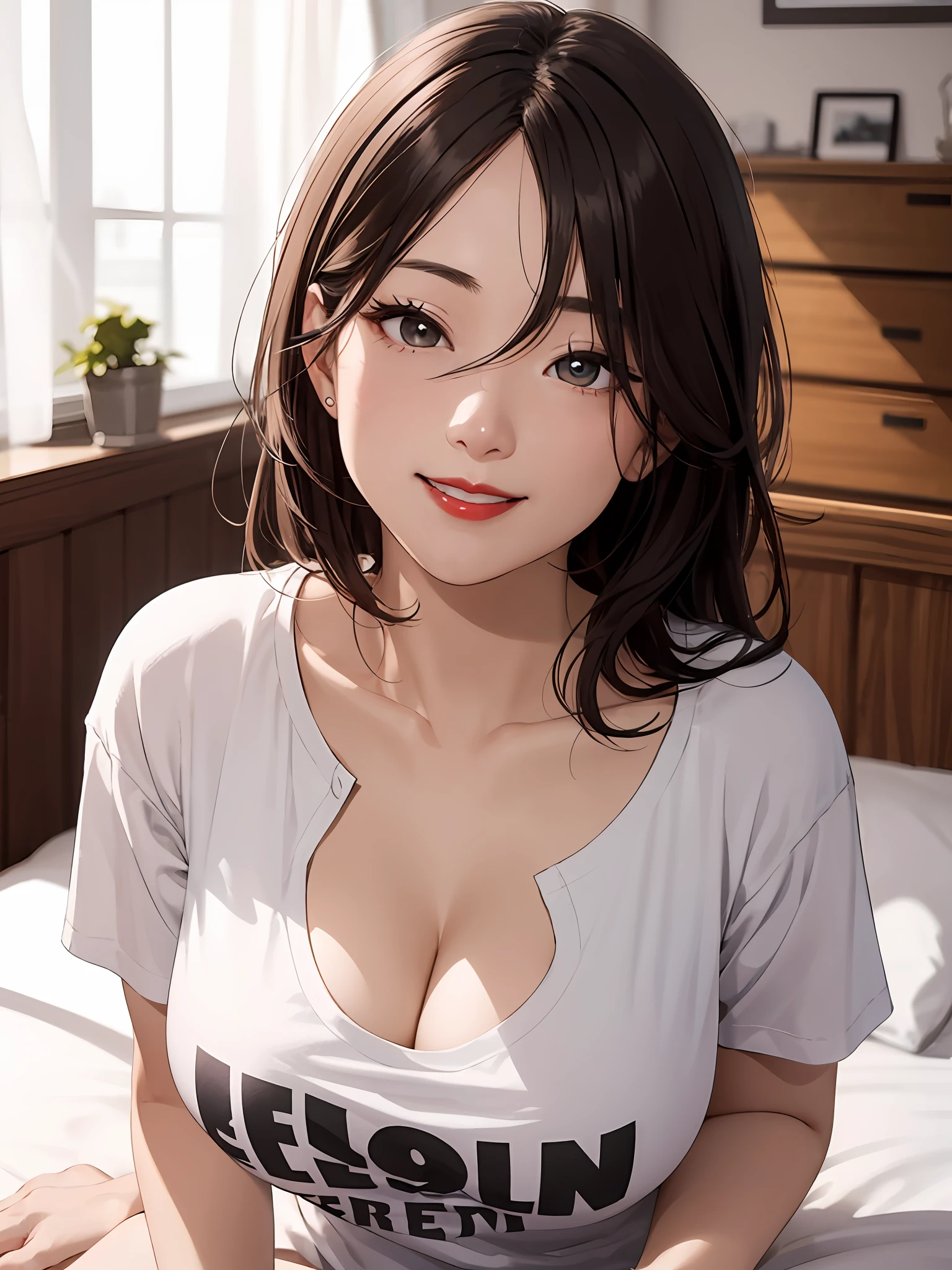 realisticlying、45-year-old girl、T-shirt wearing，Face enhancement，Chest super large zoom，Cleavage emphasis，Looking up from the bottom，Smile，Blushing，Red lips，A sexy，Bed sit