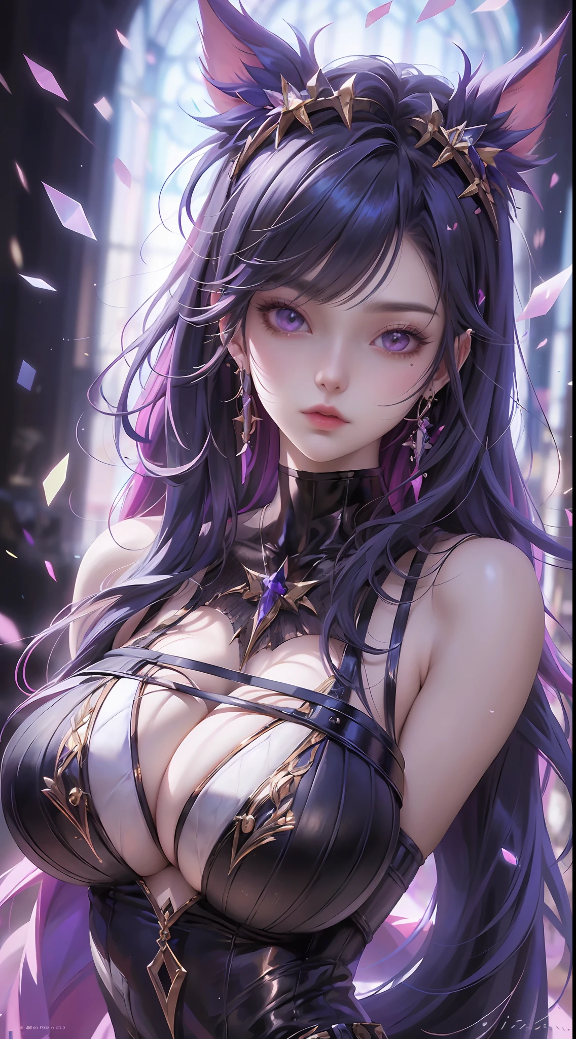 「In a breathtaking masterpiece in portrait form、Showcasing the highest quality artistry。The subject of this artwork is、It's one girl captured in amazing detail。」Pixiv Anime Realism Trends、Shibitai Perfect Body Perfect Face、hands not visible、Shot from the waist up、gigantic-breast、Minamoto of the Destiny Grand Order、Signature Tight Purple Bodysuit、