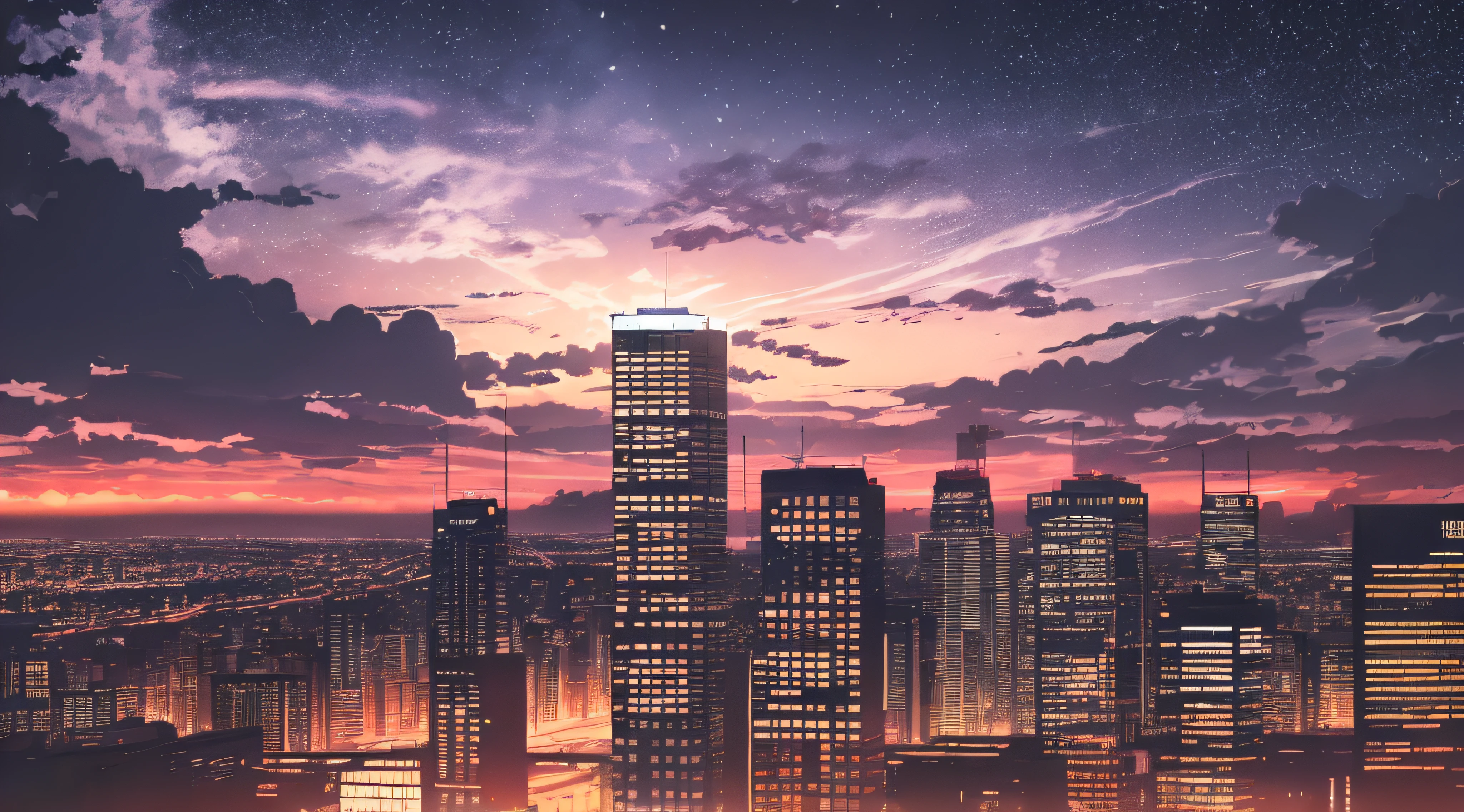 anime,silhouette,1girl, star (sky), cloud, cityscape, building, city, outdoors, skyscraper, city lights, night, night sky, sunset, skyline