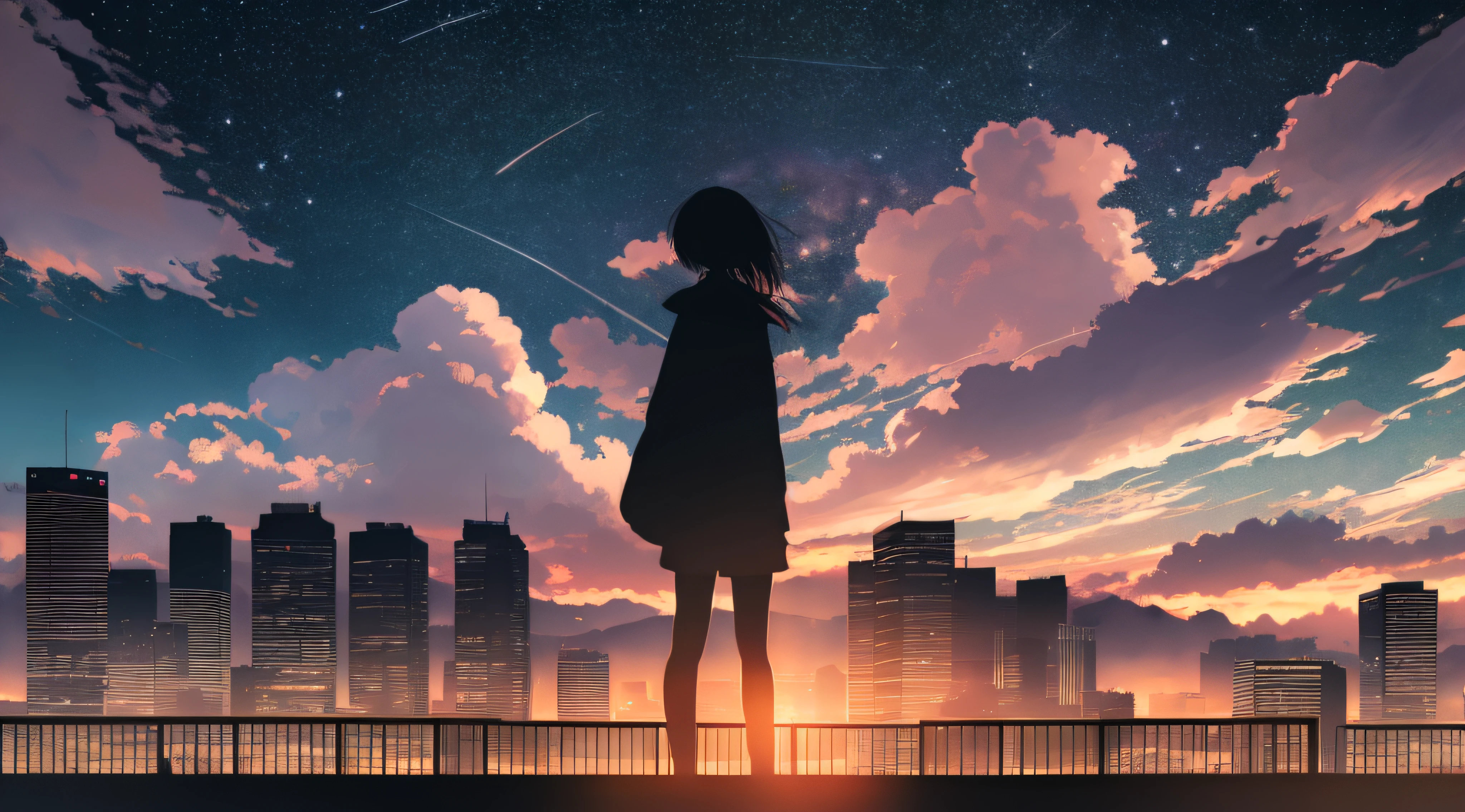 anime,silhouette,1girl, star (sky), cloud, cityscape, building, city, outdoors, skyscraper, city lights, night, night sky, sunset, skyline