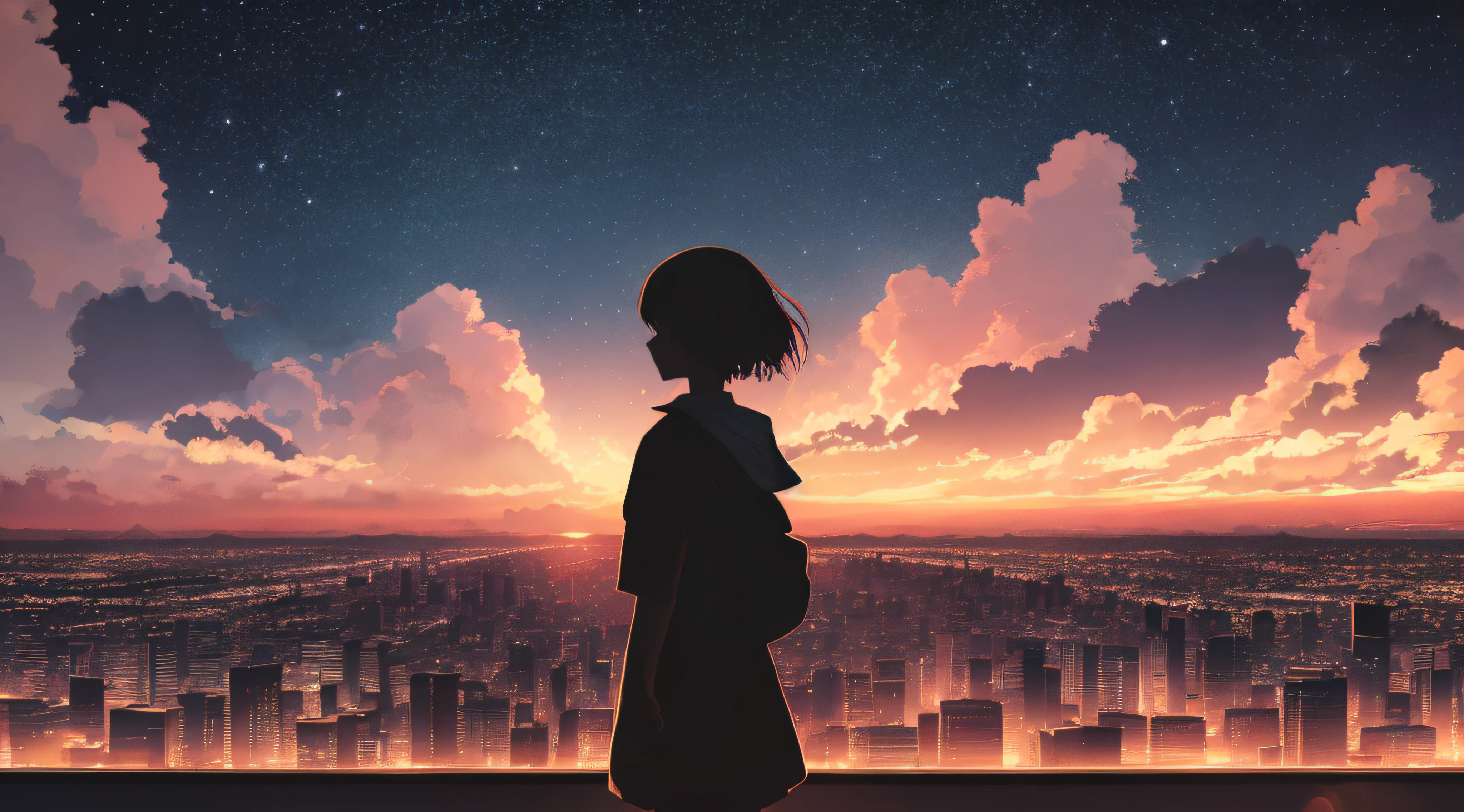 anime,silhouette,1girl, star (sky), cloud, cityscape, building, city, outdoors, skyscraper, city lights, night, night sky, sunset, skyline