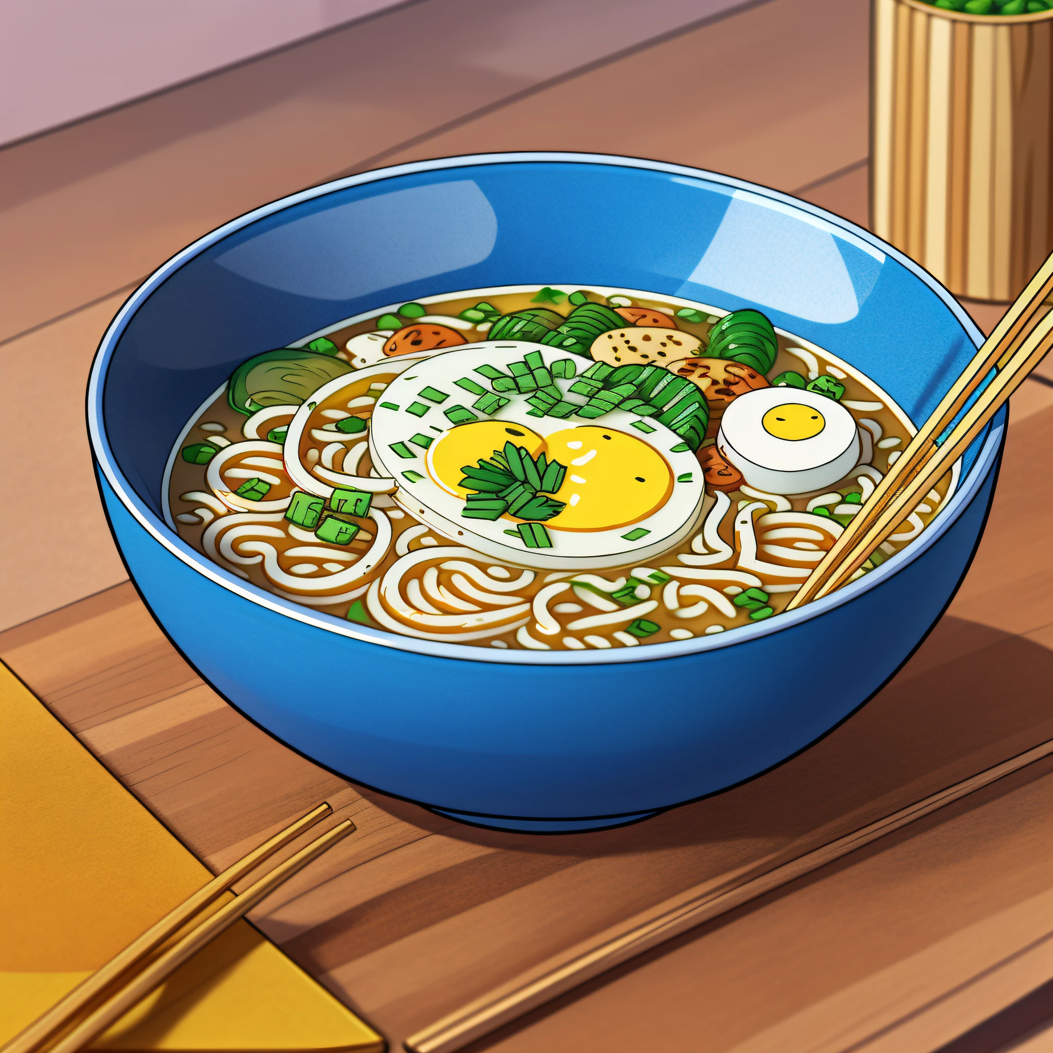 up close shot of a delicious bowl of ramen on a kitchen table, detailed illustration, cartoon, in the style of gravityfalls,