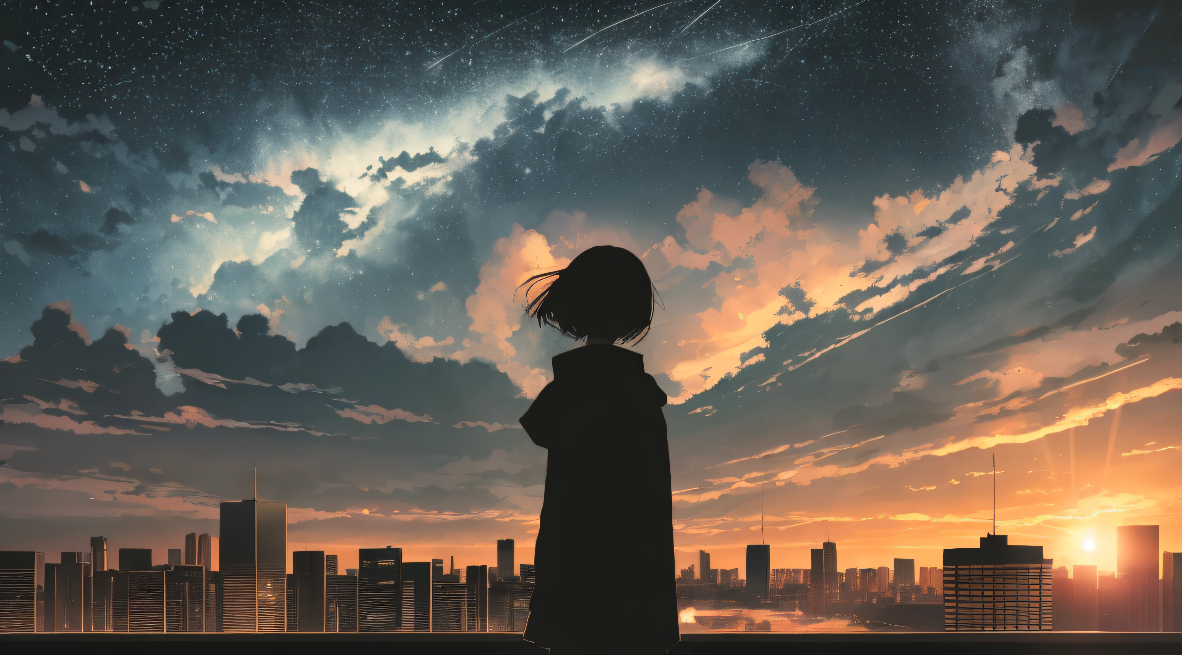 anime,silhouette,1girl, star (sky), cloud, cityscape, building, city, outdoors, skyscraper, city lights, night, night sky, sunset, skyline
