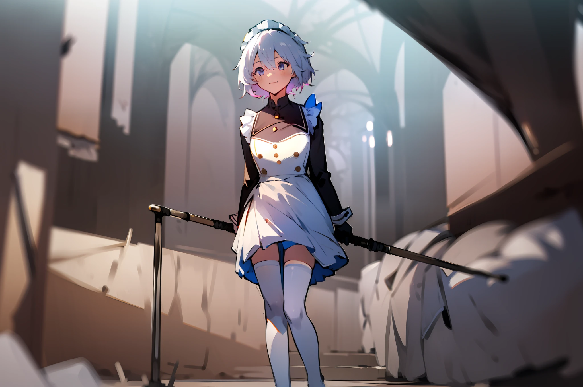 (tmasterpiece,Best picture quality,8K,Abeautifulgirl,A natural smile,short skirt,white stockings,The movements are natural and elegant,Maid uniform,gentleness,lovly,Pure)