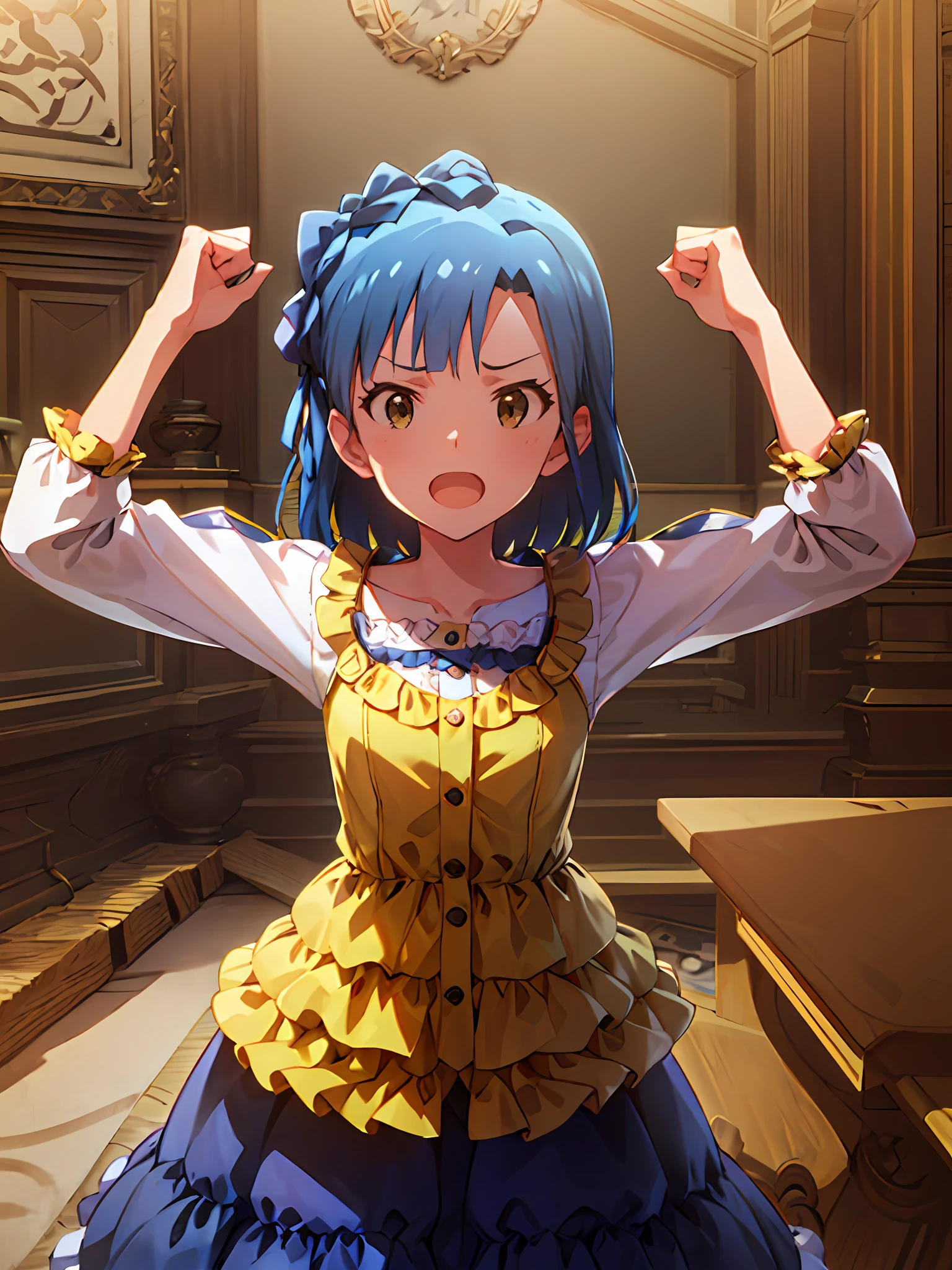 yuriko nanao (million live). Short stature. white t-shirts. suspenders.Skirt.(((masutepiece))).(((Best quality))).)((Ultra-detailed))).(((Illustration))). (((Put your hands on your hips))).((a room)).make a fist.up chest.Look at viewers.Despair face.natta.inside a house.natta.to stand.Small breasts.Opening Mouth.