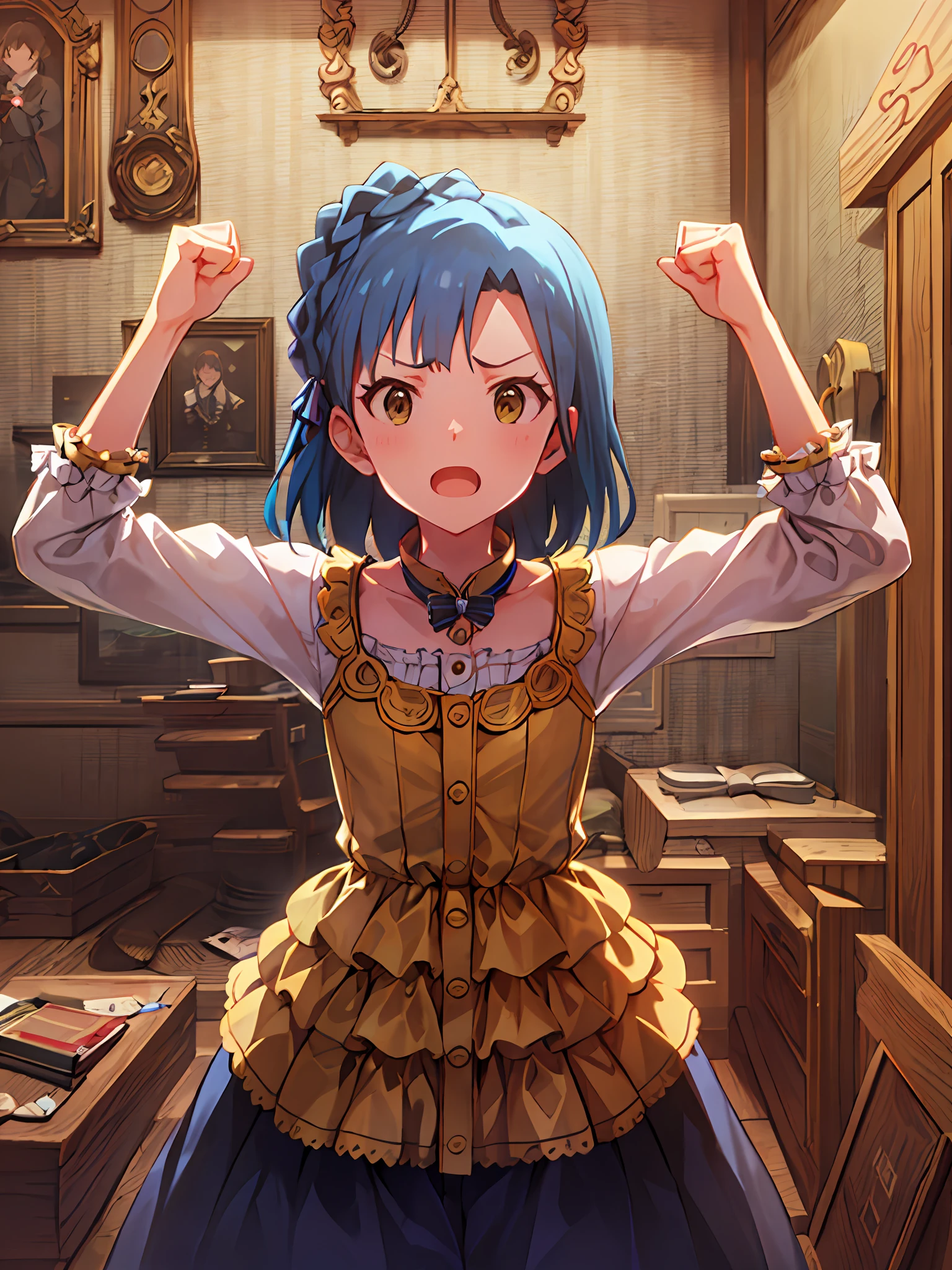 yuriko nanao (million live). Short stature. white t-shirts. suspenders.Skirt.(((masutepiece))).(((Best quality))).)((Ultra-detailed))).(((Illustration))). (((Put your hands on your hips))).((a room)).make a fist.up chest.Look at viewers.Despair face.natta.inside a house.natta.to stand.Small breasts.Opening Mouth.
