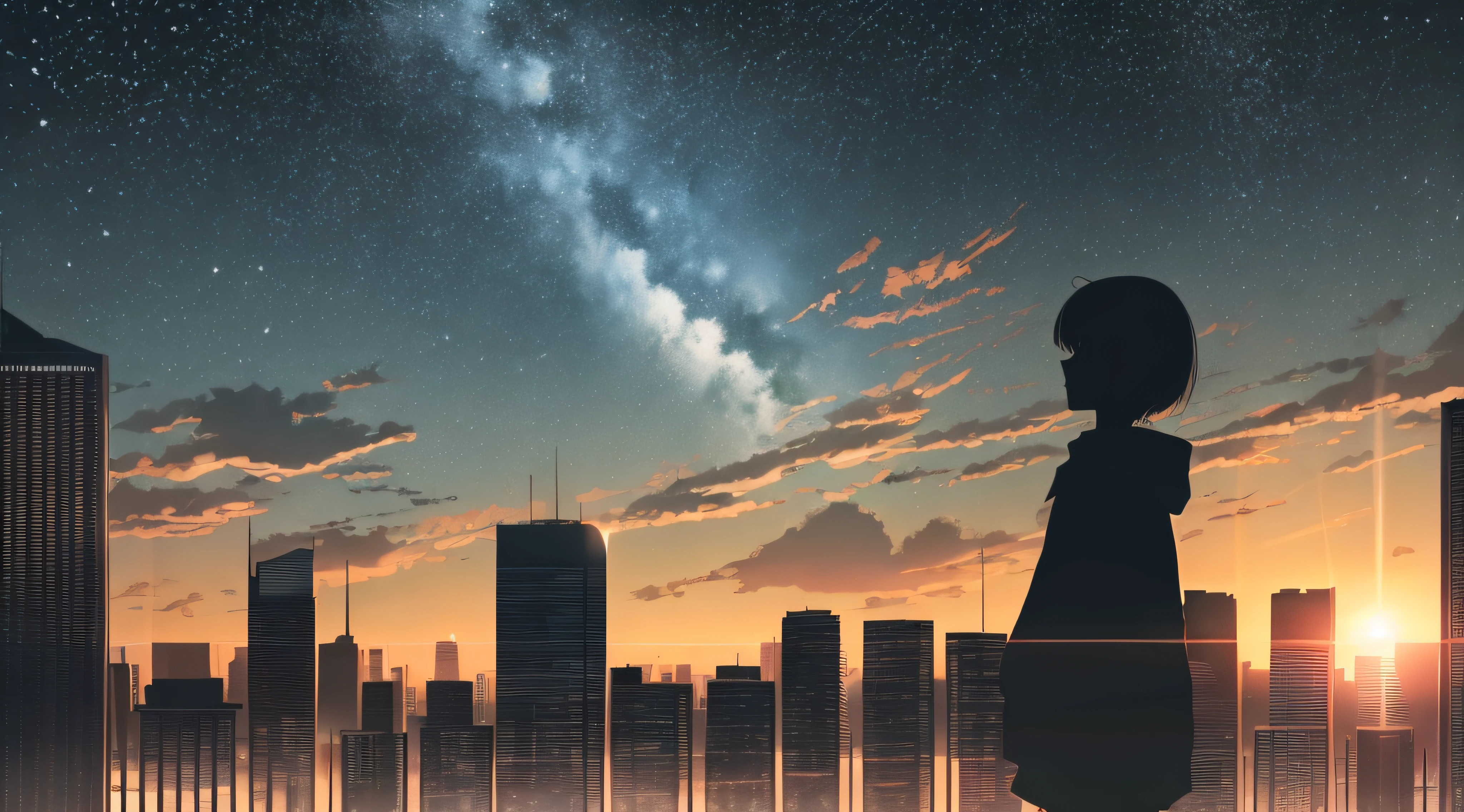 anime,silhouette,1girl, star (sky), cloud, cityscape, building, city, outdoors, skyscraper, city lights, night, night sky, sunset, skyline