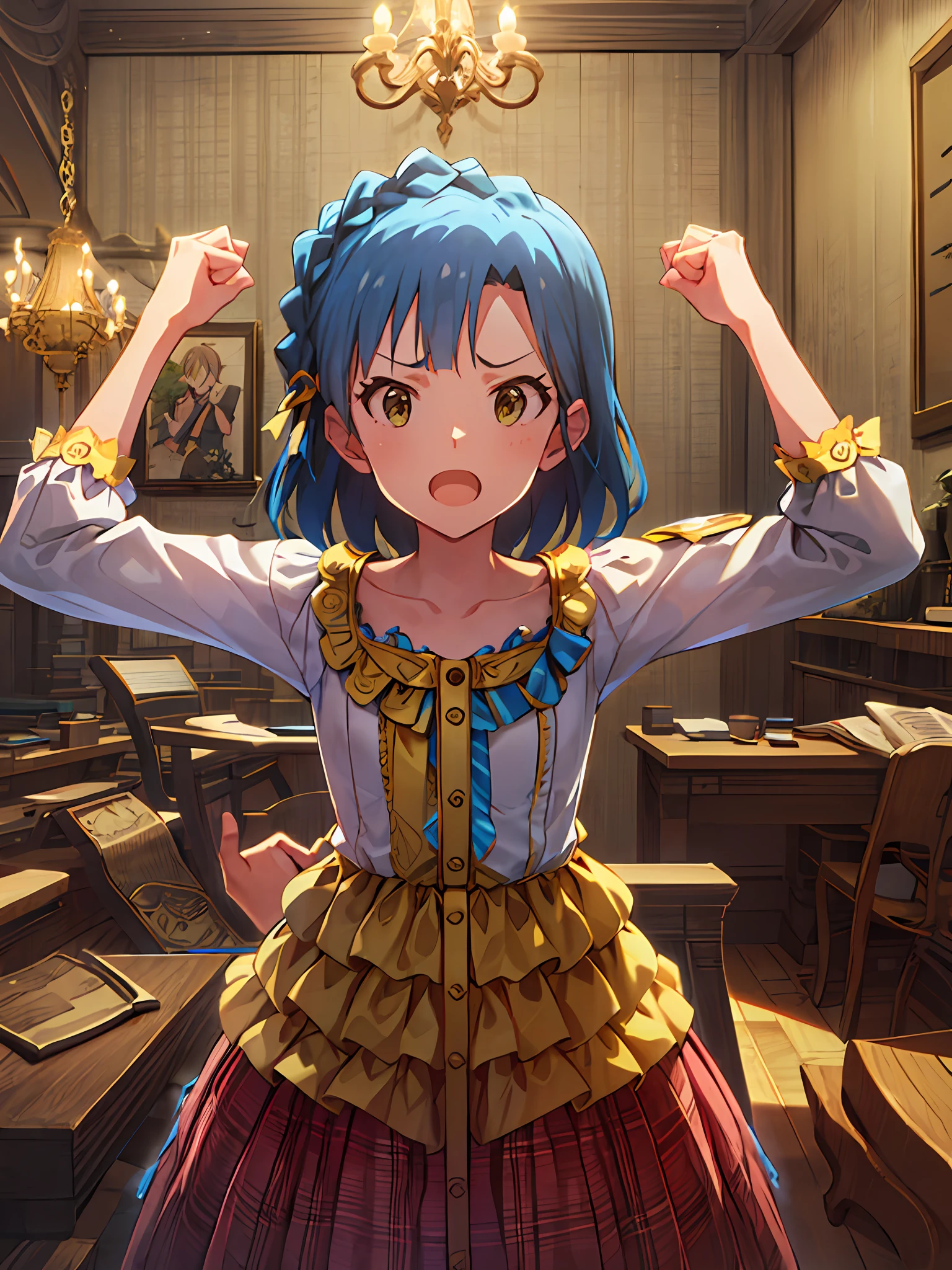 yuriko nanao (million live). Short stature. white t-shirts. suspenders.Skirt.(((masutepiece))).(((Best quality))).)((Ultra-detailed))).(((Illustration))). (((Put your hands on your hips))).((a room)).make a fist.up chest.Look at viewers.Despair face.natta.inside a house.natta.to stand.Small breasts.Opening Mouth.