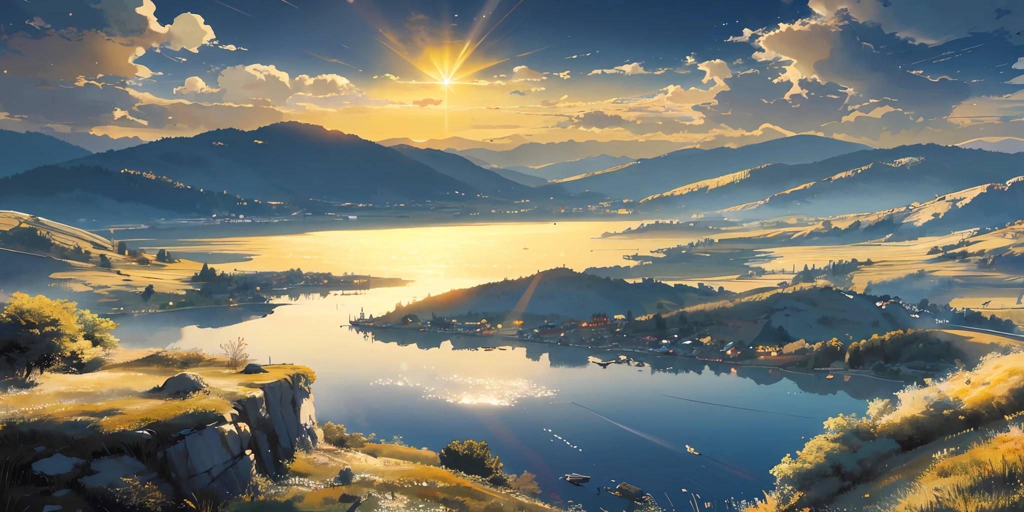 Chinese style,1.hades,the setting sun,golden colored,Mild shadows,Bright colors,Picture effects,Calm water、Fantasy atmosphere。Break,lakes、Mountains、glint、Sunlit clouds,Quiet atmosphere,Poetic sunset in the countryside。8K high-definition,ultra detali,offcial art,zentangle,a Mandala。