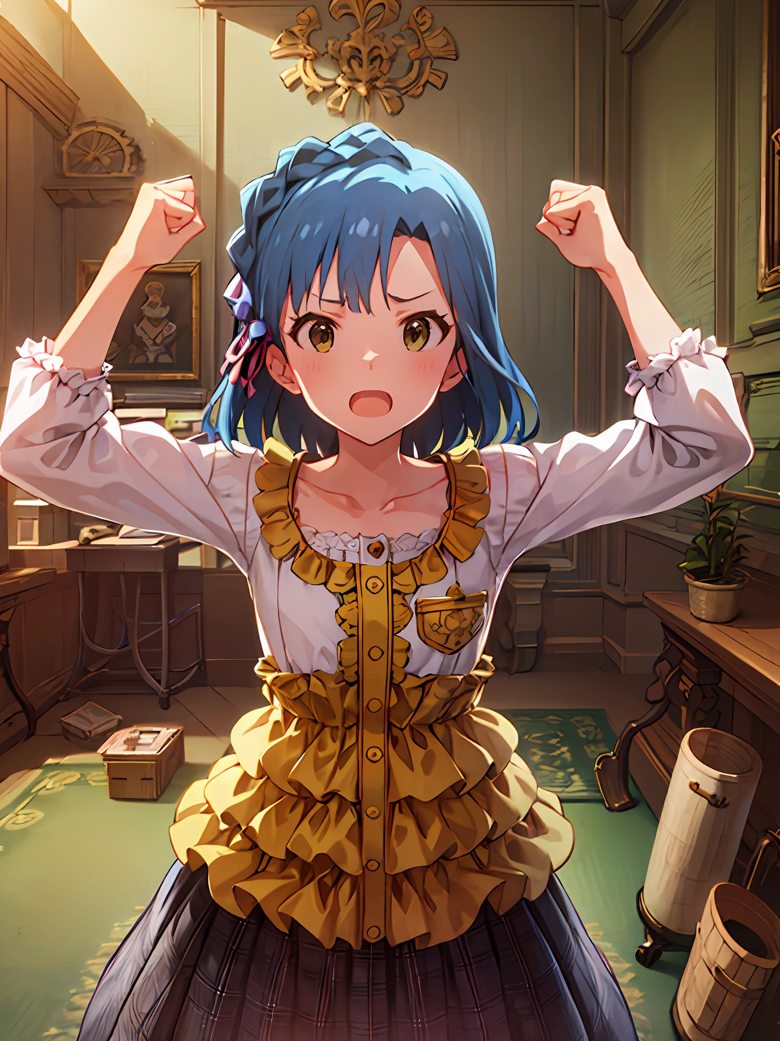 yuriko nanao (million live). Short stature. white t-shirts. suspenders.Skirt.(((masutepiece))).(((Best quality))).)((Ultra-detailed))).(((Illustration))). (((Put your hands on your hips))).((a room)).make a fist.up chest.Look at viewers.Despair face.natta.inside a house.natta.to stand.Small breasts.Opening Mouth.
