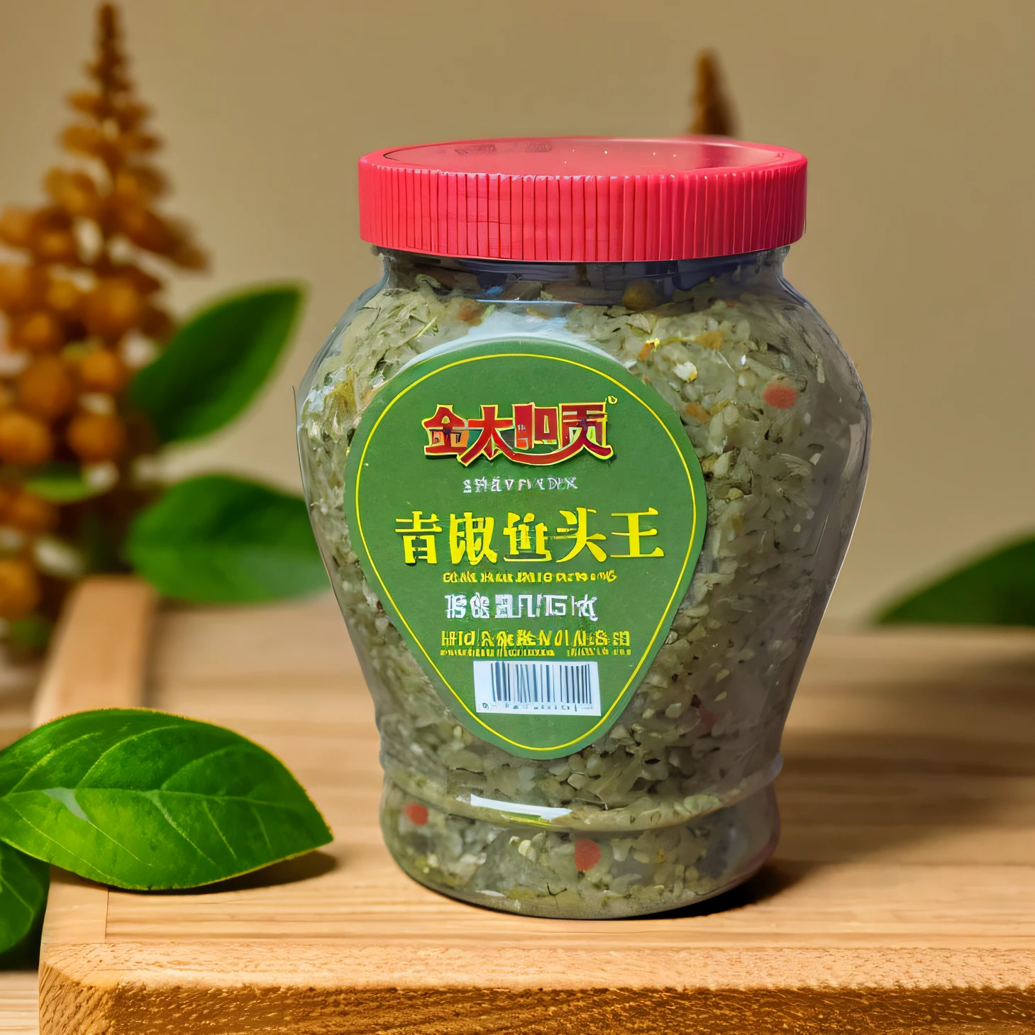 there is a jar of green food sitting on a table, Real Scene、natural lightting、Product photo, high detail product photo, highly detailed product photo, Sauce, miniature product photo, zun, Official product image