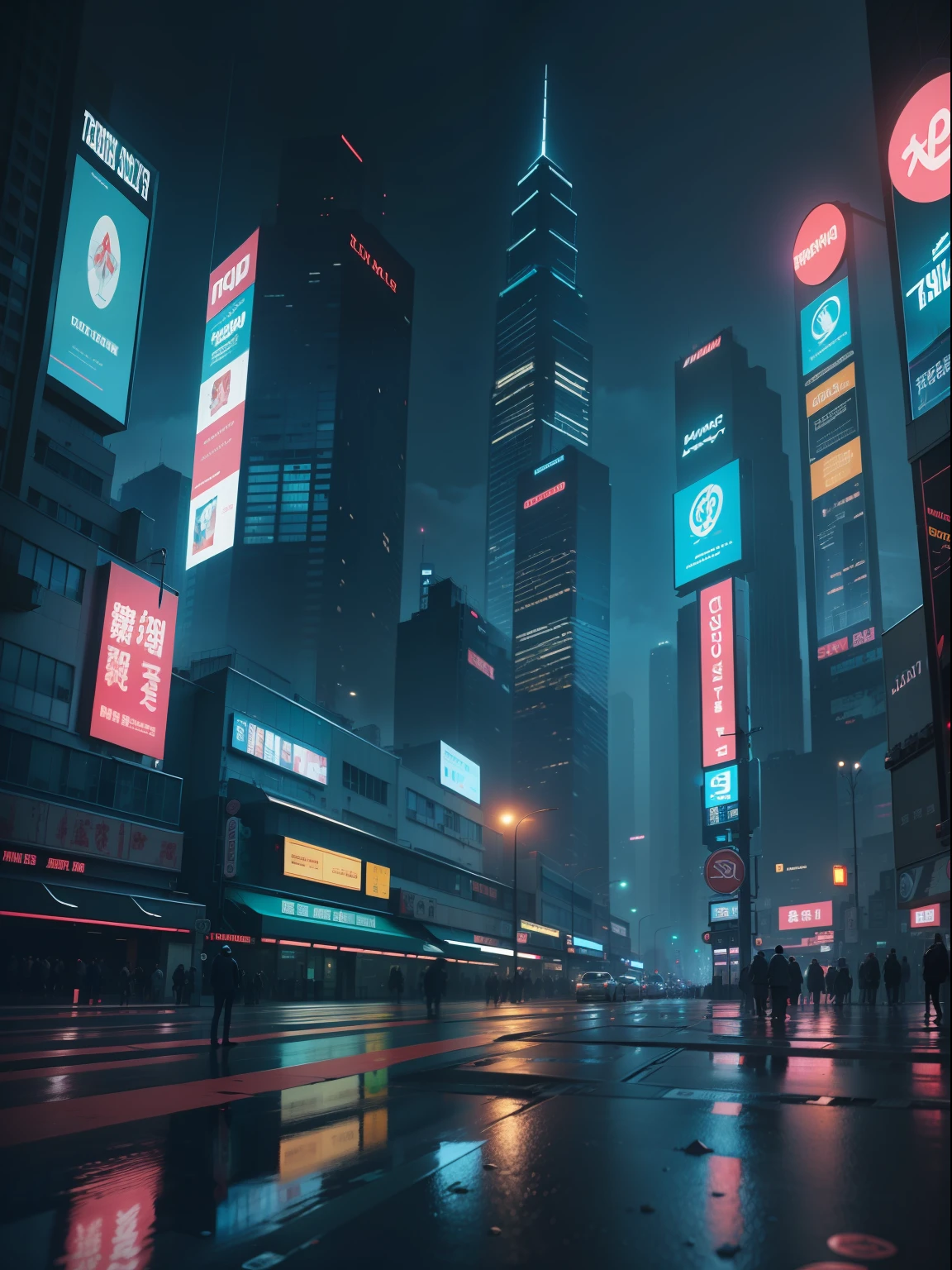 Cityscape in the dark,Futuristic architecture, Huge video wall in the sky,Reflective puddles, Cement columns and railways,bright color neon lights, Blade runner city, TV wall in sky, hong kong city nigth, [advertising billboard:1.2],The visual style blends the charm of cinema with the originality of avant-garde art,This is an animated film with a sense of the times. In addition to matte paintings and models, the techniques employed included multipass exposures. The visual style of the movie is influenced by the work of futurist Italian architect Antonio Sant'Elia.