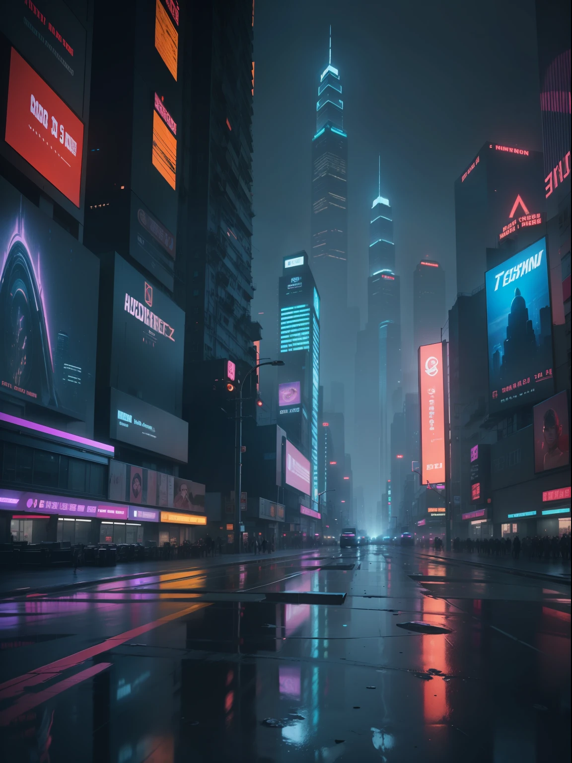 Cityscape in the dark,Futuristic architecture, Huge video wall in the sky,Reflective puddles, Cement columns and railways,bright color neon lights, Blade runner city, TV wall in sky, hong kong city nigth, [advertising billboard:1.2],The visual style blends the charm of cinema with the originality of avant-garde art,This is an animated film with a sense of the times. In addition to matte paintings and models, the techniques employed included multipass exposures. The visual style of the movie is influenced by the work of futurist Italian architect Antonio Sant'Elia.