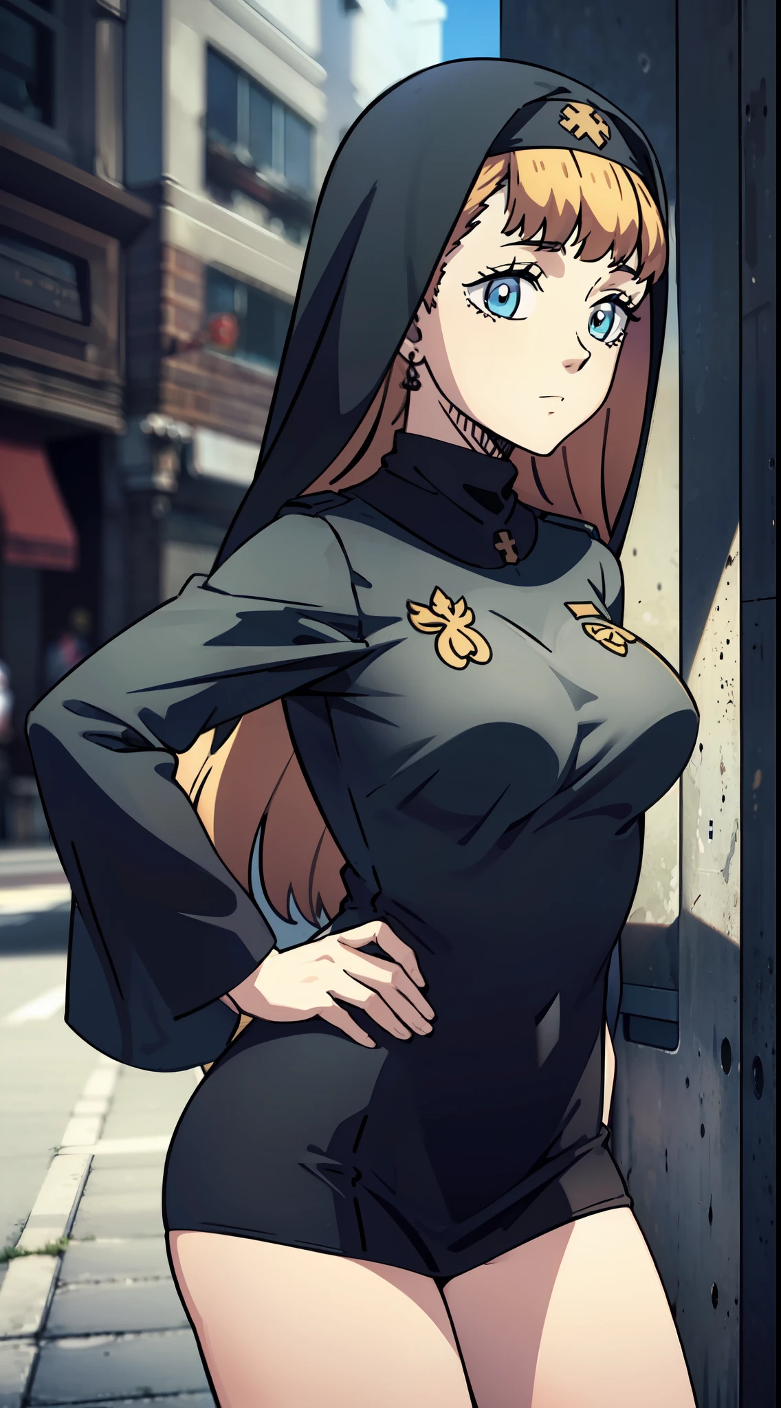 (extremely detailed CG unity 8k wallpaper:1.1),high resolution, detailed body skin, contrast, color, shadows, street background,1girl,nun,long black hair,(blue eyes),medium chest,hands on hips