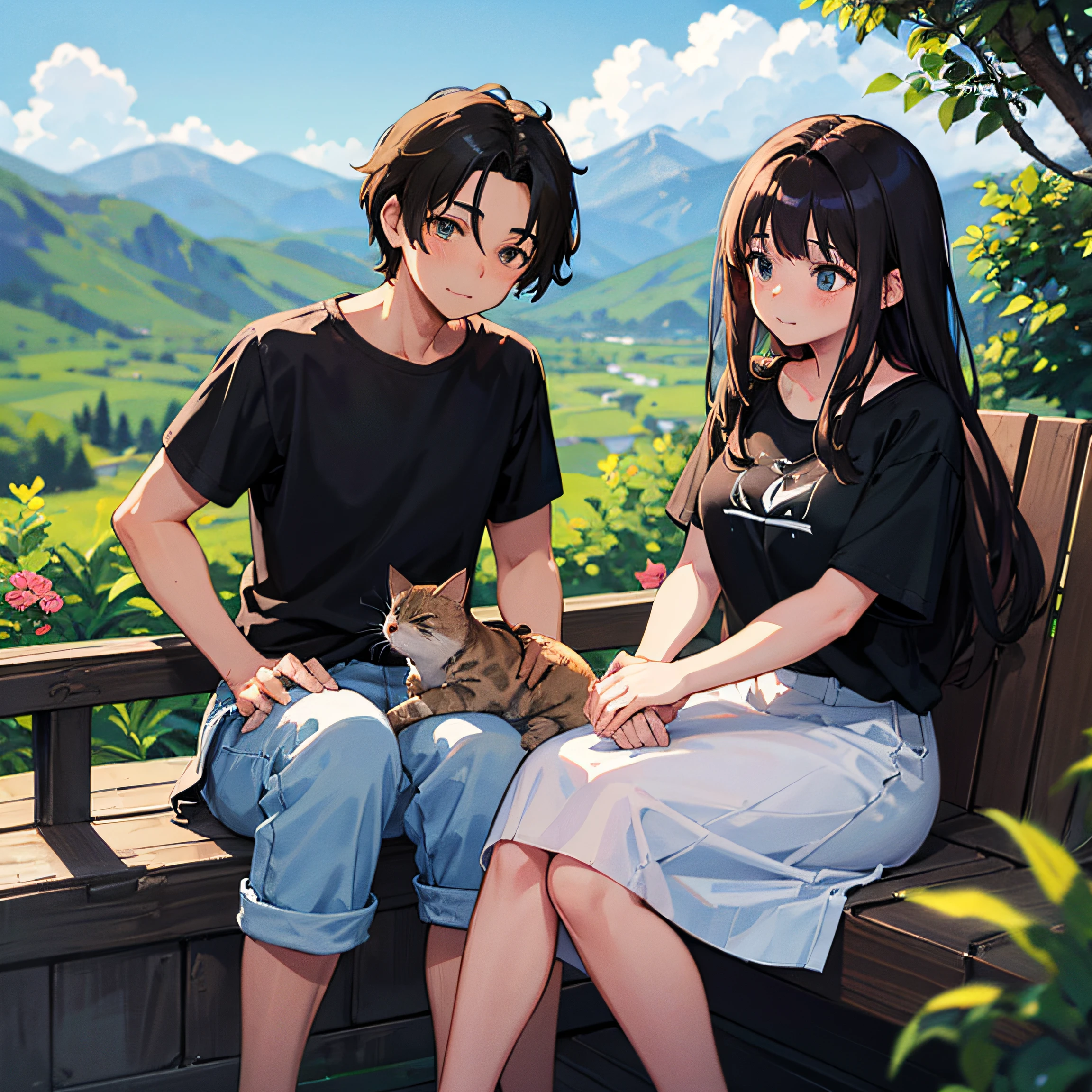 Illustration of a couple and a brown kitten in the mountains of nature。With a man wearing denim and a black T-shirt with permed hair and a forehead sticking out、Woman wearing a pure white dress with brown short cuts.。Brown kitten is about 1 year old。
