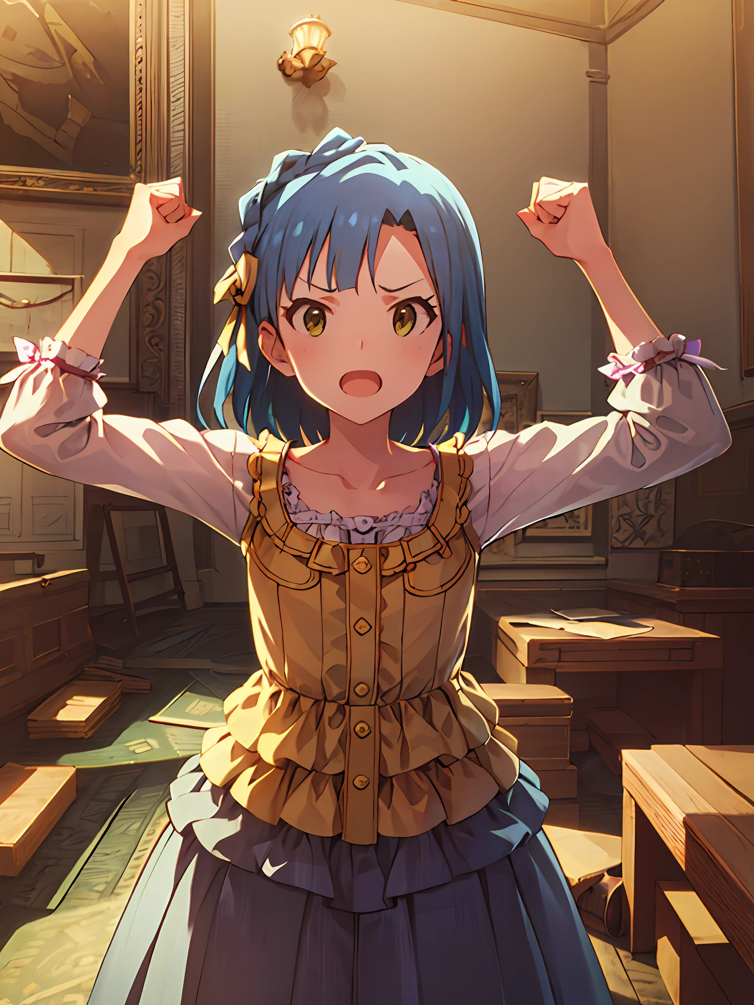 yuriko nanao (million live). Short stature. white t-shirts. suspenders.Skirt.(((masutepiece))).(((Best quality))).)((Ultra-detailed))).(((Illustration))). (((Put your hands on your hips))).((a room)).make a fist.up chest.Look at viewers.Despair face.natta.inside a house.natta.to stand.small breasts.Opening Mouth.