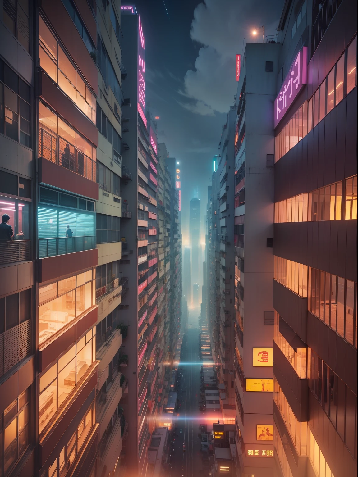 Blade runner city, TV wall in sky, hong kong city nigth, The visual style of the movie is influenced by the work of futurist Italian architect Antonio Sant'Elia.