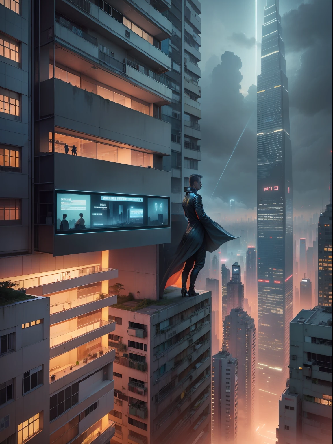 Blade runner city, TV wall in sky, hong kong city nigth, The visual style of the movie is influenced by the work of futurist Italian architect Antonio Sant'Elia.