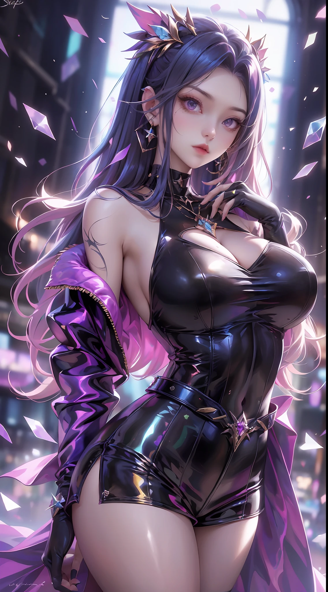 「In a breathtaking masterpiece in portrait form、Showcasing the highest quality artistry。The subject of this artwork is、It's one girl captured in amazing detail。」Pixiv Anime Realism Trends、Shibitai Perfect Body Perfect Face、hands not visible、Shot from the waist up、gigantic-breast、Minamoto of the Destiny Grand Order、Signature Tight Purple Bodysuit、