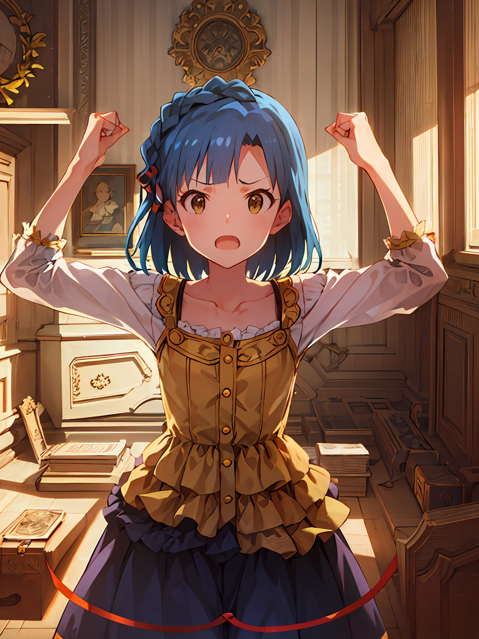 yuriko nanao (million live). Short stature. white t-shirts. suspenders.Skirt.(((masutepiece))).(((Best quality))).)((Ultra-detailed))).(((Illustration))). (((Put your hands on your hips))).((a room)).make a fist.up chest.Look at viewers.Despair face.natta.inside a house.natta.to stand.small breasts.Opening Mouth.