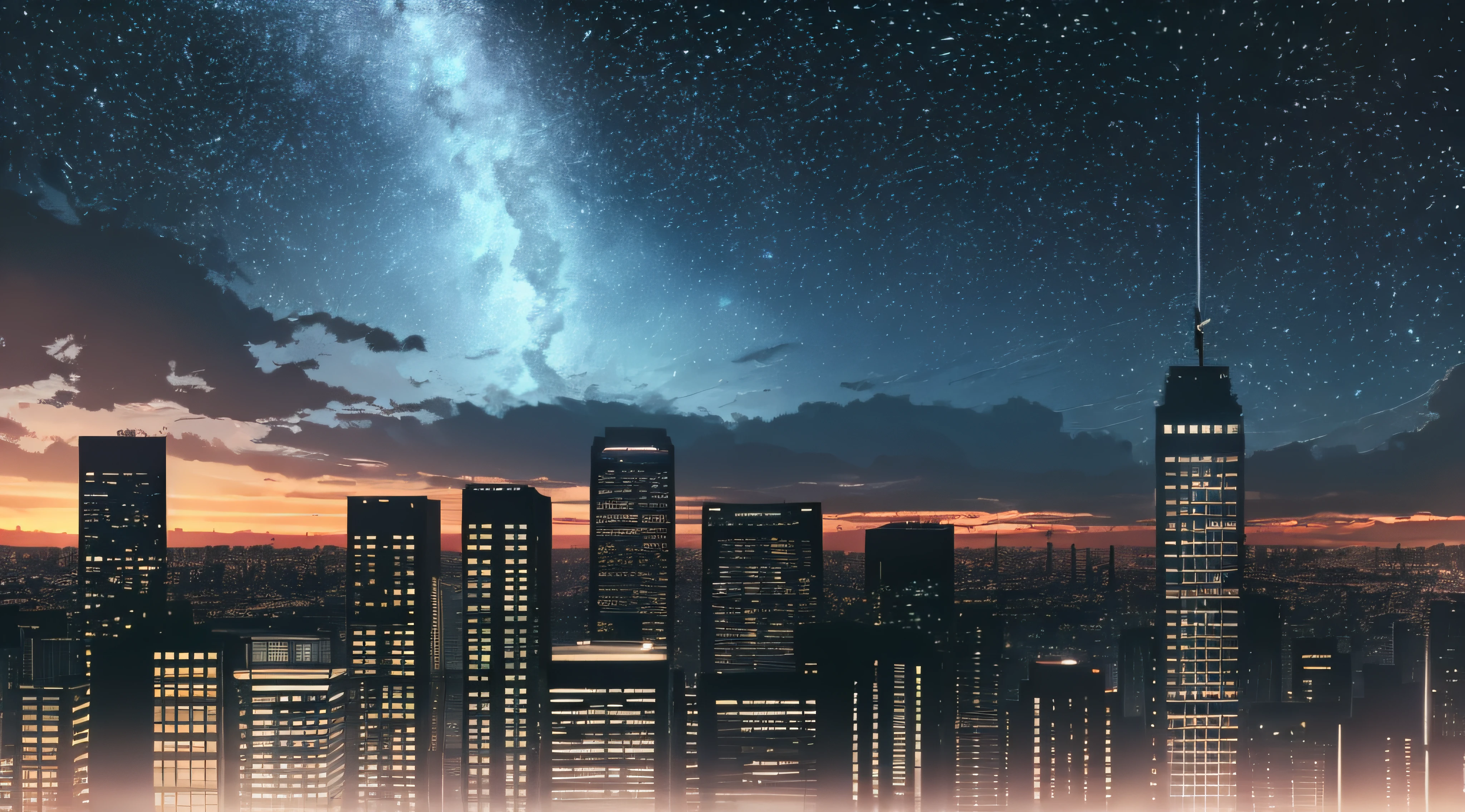 anime,silhouette,1girl, star (sky), cloud, cityscape, building, city, outdoors, skyscraper, city lights, night, night sky, sunset, skyline