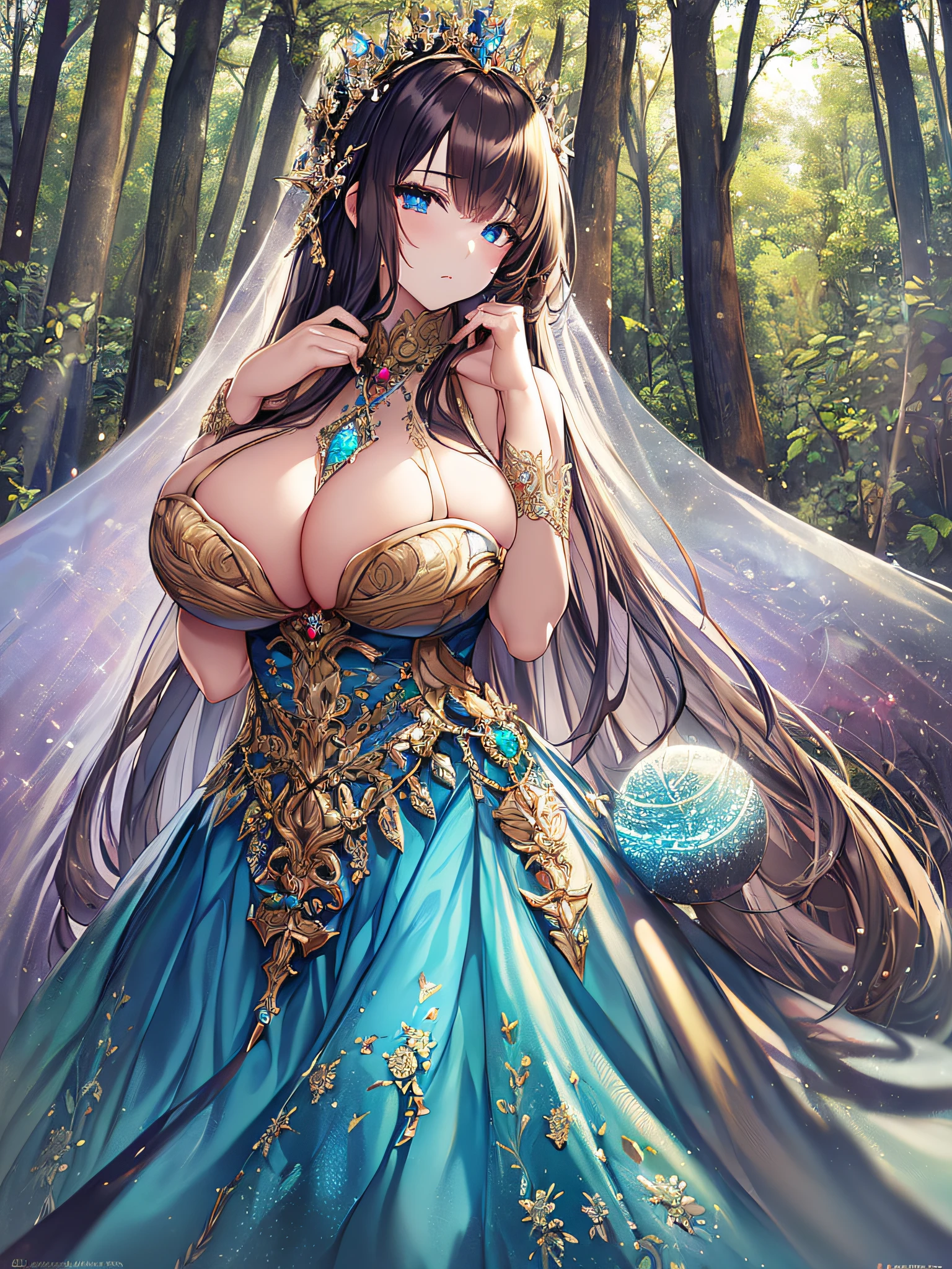 ((anime artstyle)),(Masterpiece),(Best Quality), (Super Detail),((Very Delicate and Beautiful)),Focus on character,Dynamic Angle,Looking at viewer,((Solo)),standing,((full body)),((one fairy tale princess in gorgeous ball gown with voluminous skirt)),detailed face and eyes,fairy wings,jewel-like eyes,((Very Long voluminous Hair)),gorgeous embroidery and lace,See-through,ornate ruffles,Gorgeous jewelry ornaments,luxury hair ornament,luxury tiara with jewels,(gigantic breasts,Long breasts),((outdoor,fairy tale forest)),fairy tale atmosphere,jeweled ball gown,full body,((gorgeous ball gown with voluminous skirt)),