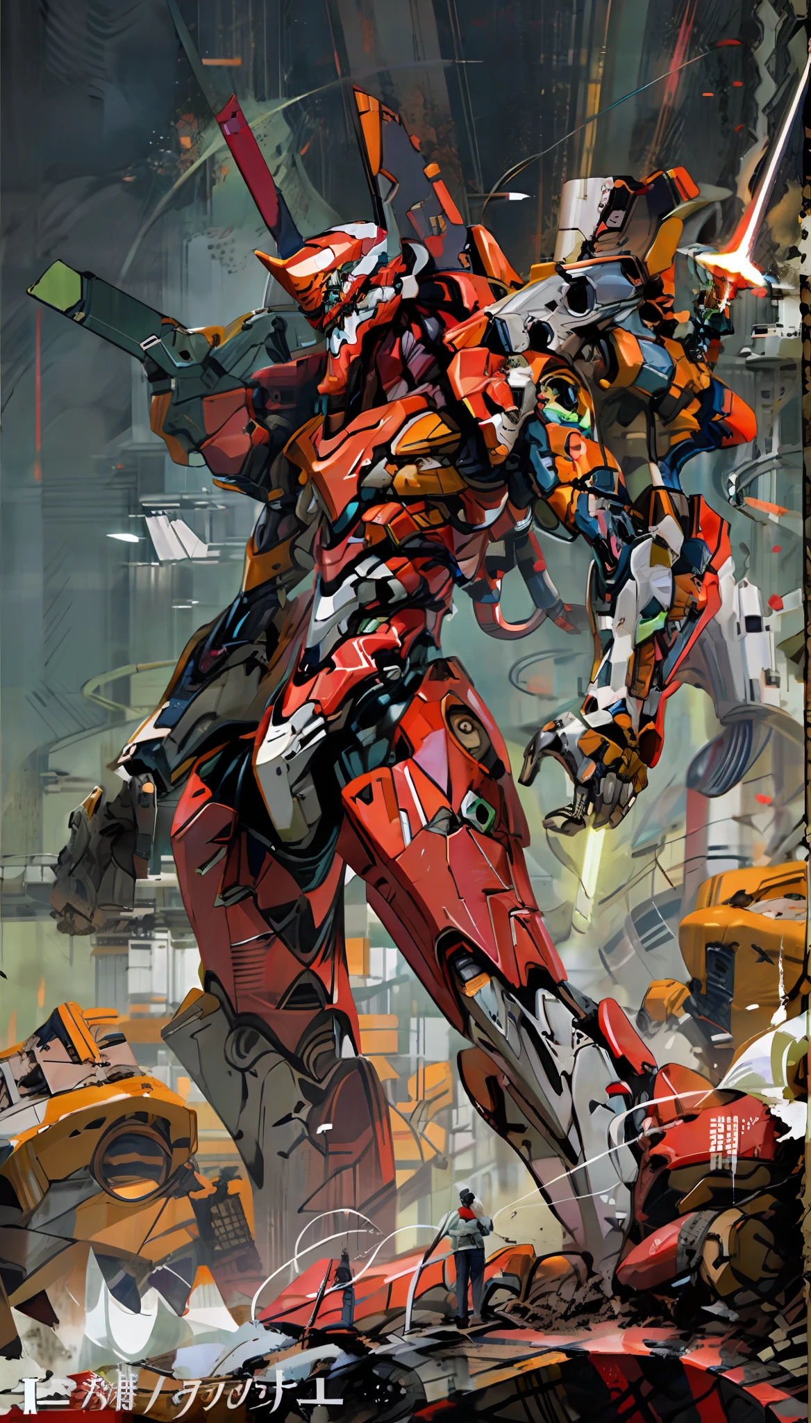 Eva 02, Eva, Evangelion mecha, science fiction, look viewer, (official art, best quality, masterpiece: 1.2), Illustrations, high resolution, beautiful abstract background, futuristic, comic book style, mecha, handheld weapon, lightsaber, depth of field, wide angle,