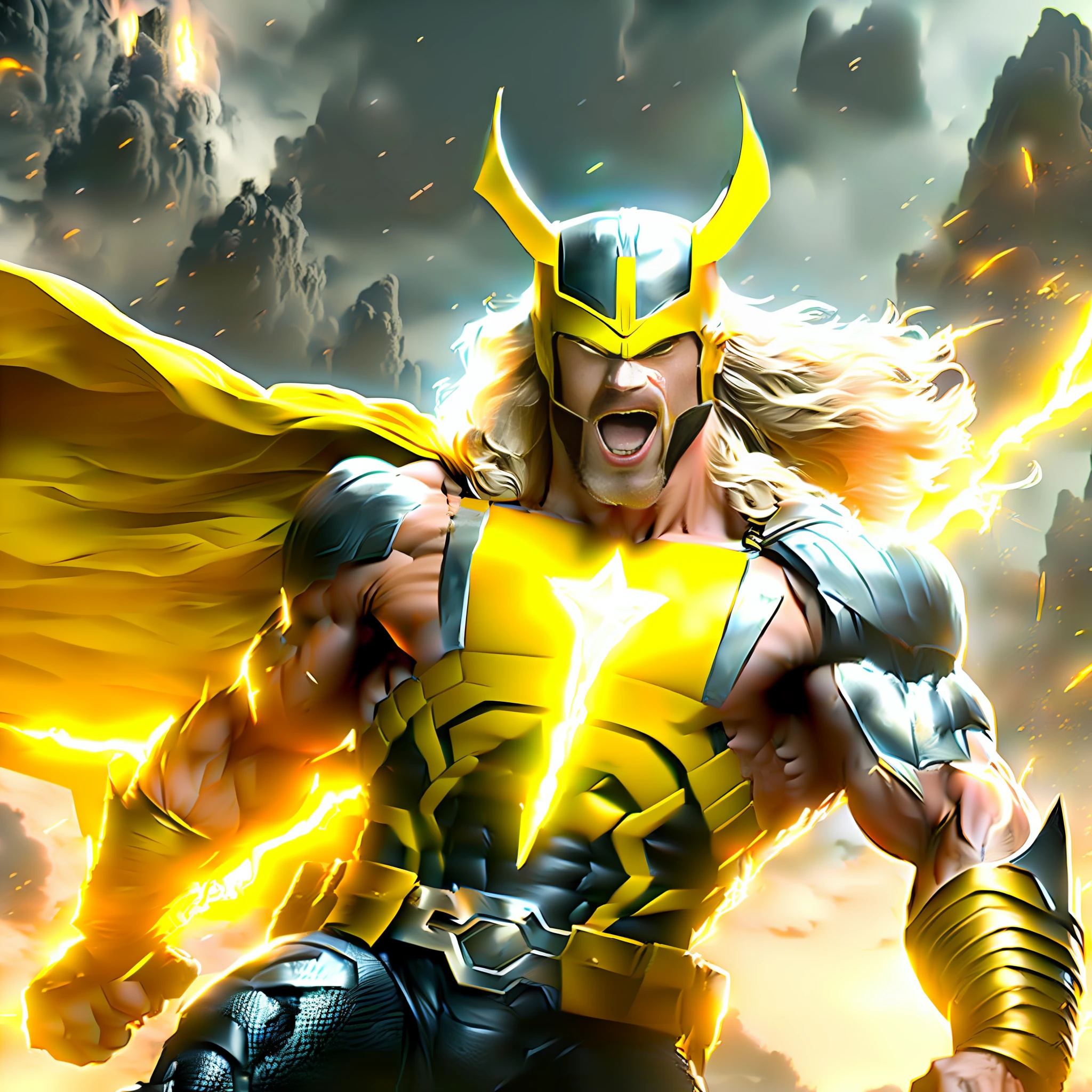 Yellow thor of marvel movies with yellow hammer flying in the sky with yellow lightnings in the sky. With other marvel army in the background. The thor has one eye injured and covered with black strip
