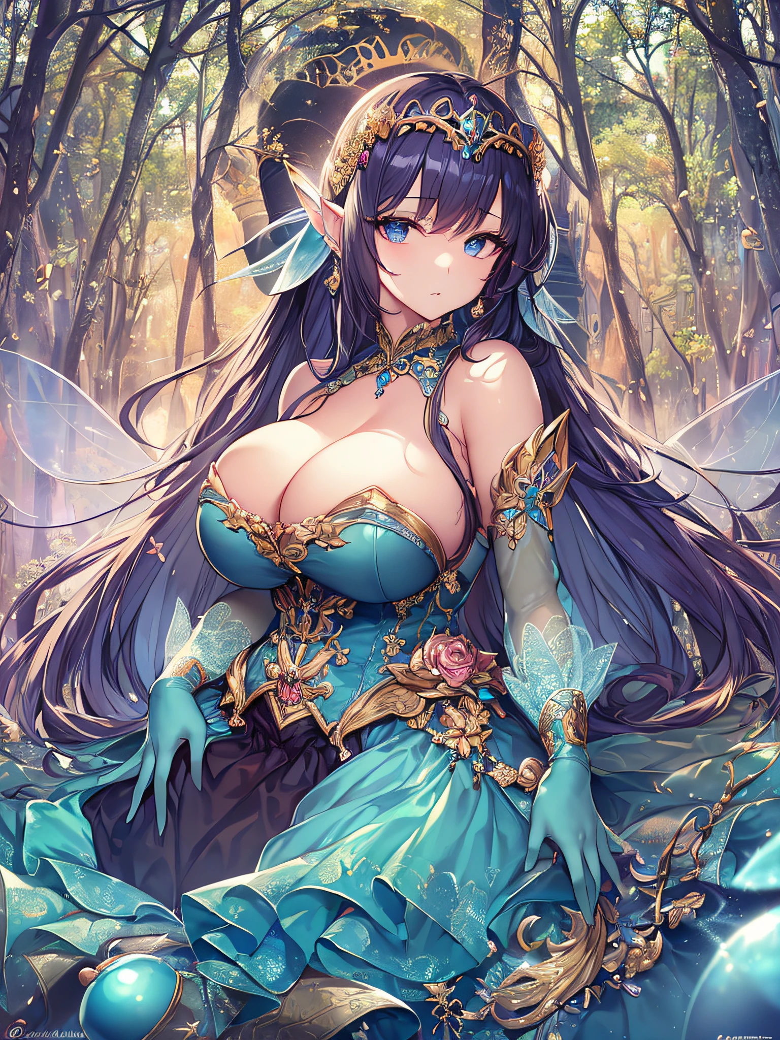 ((anime artstyle)),(Masterpiece),(Best Quality), (Super Detail),((Very Delicate and Beautiful)),Focus on character,Dynamic Angle,Looking at viewer,((Solo)),standing,((full body)),((one fairy tale princess in gorgeous ball gown with voluminous skirt)),detailed face and eyes,fairy wings,jewel-like eyes,((Very Long voluminous Hair)),gorgeous embroidery and lace,See-through,ornate ruffles,Gorgeous jewelry ornaments,luxury hair ornament,luxury tiara with jewels,(gigantic breasts,Long breasts),((outdoor,fairy tale forest)),fairy tale atmosphere,jeweled ball gown,full body,((gorgeous ball gown with voluminous skirt)),