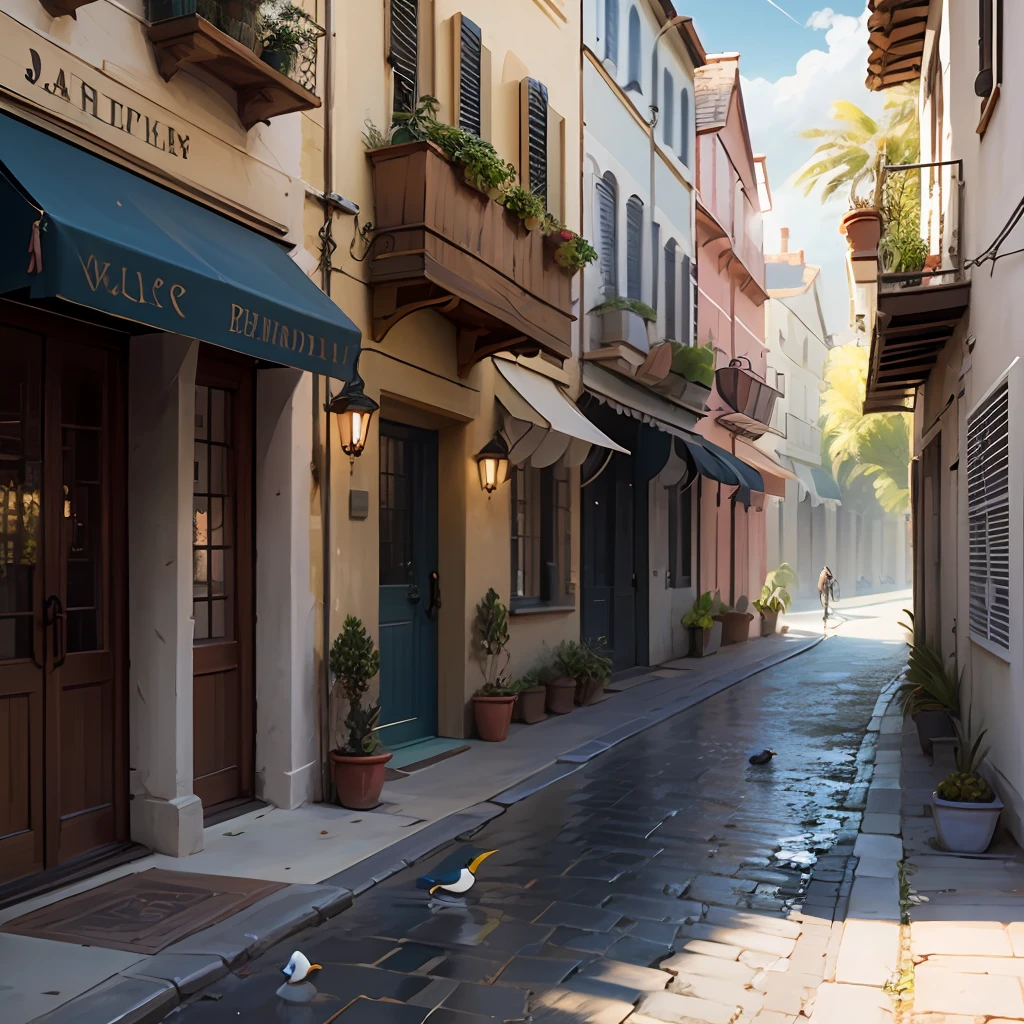 Highly detailed little bird on a cobble street with palm trees, concept art, spring --auto