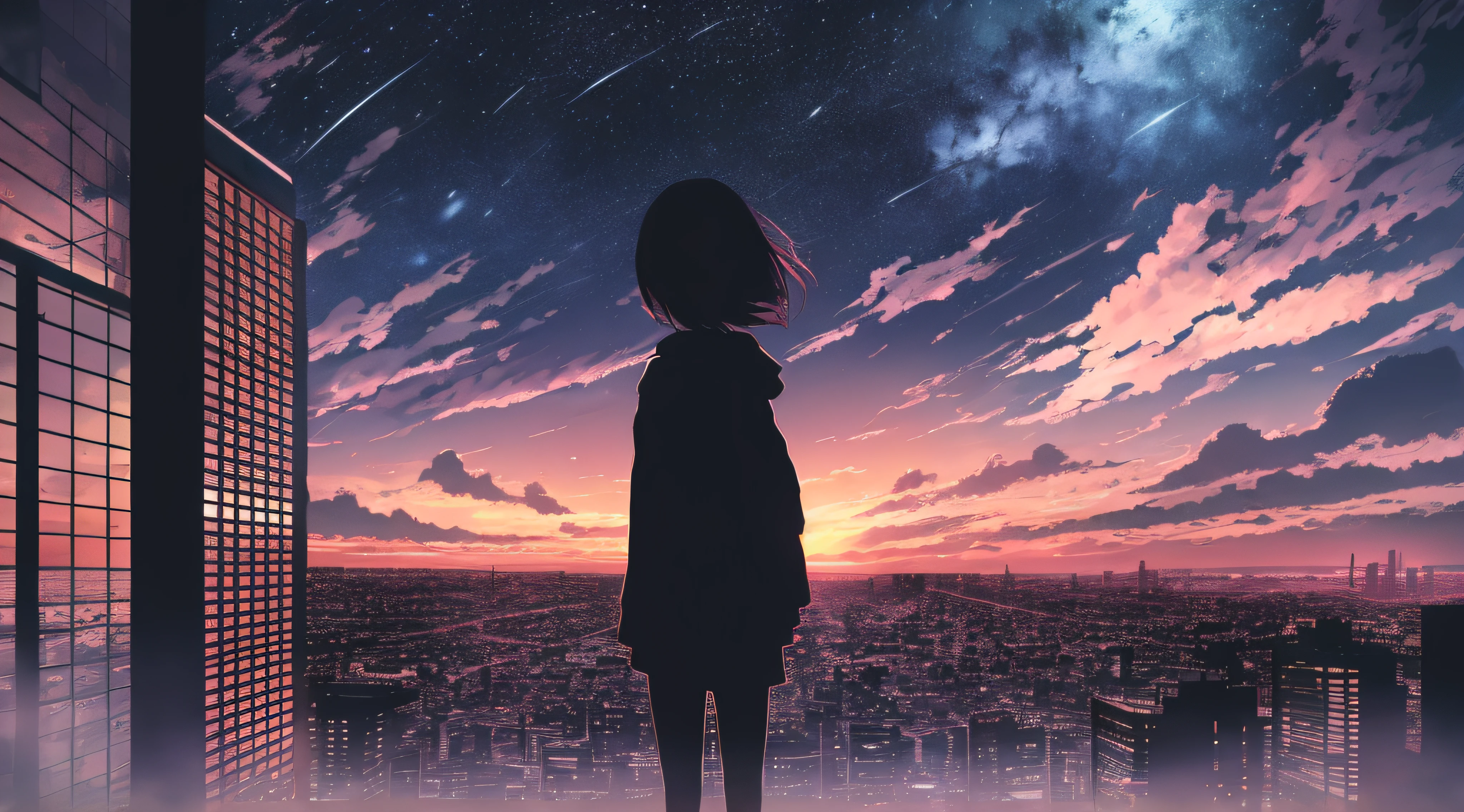 anime,silhouette,1girl, star (sky), cloud, cityscape, building, city, outdoors, skyscraper, city lights, night, night sky, sunset, skyline