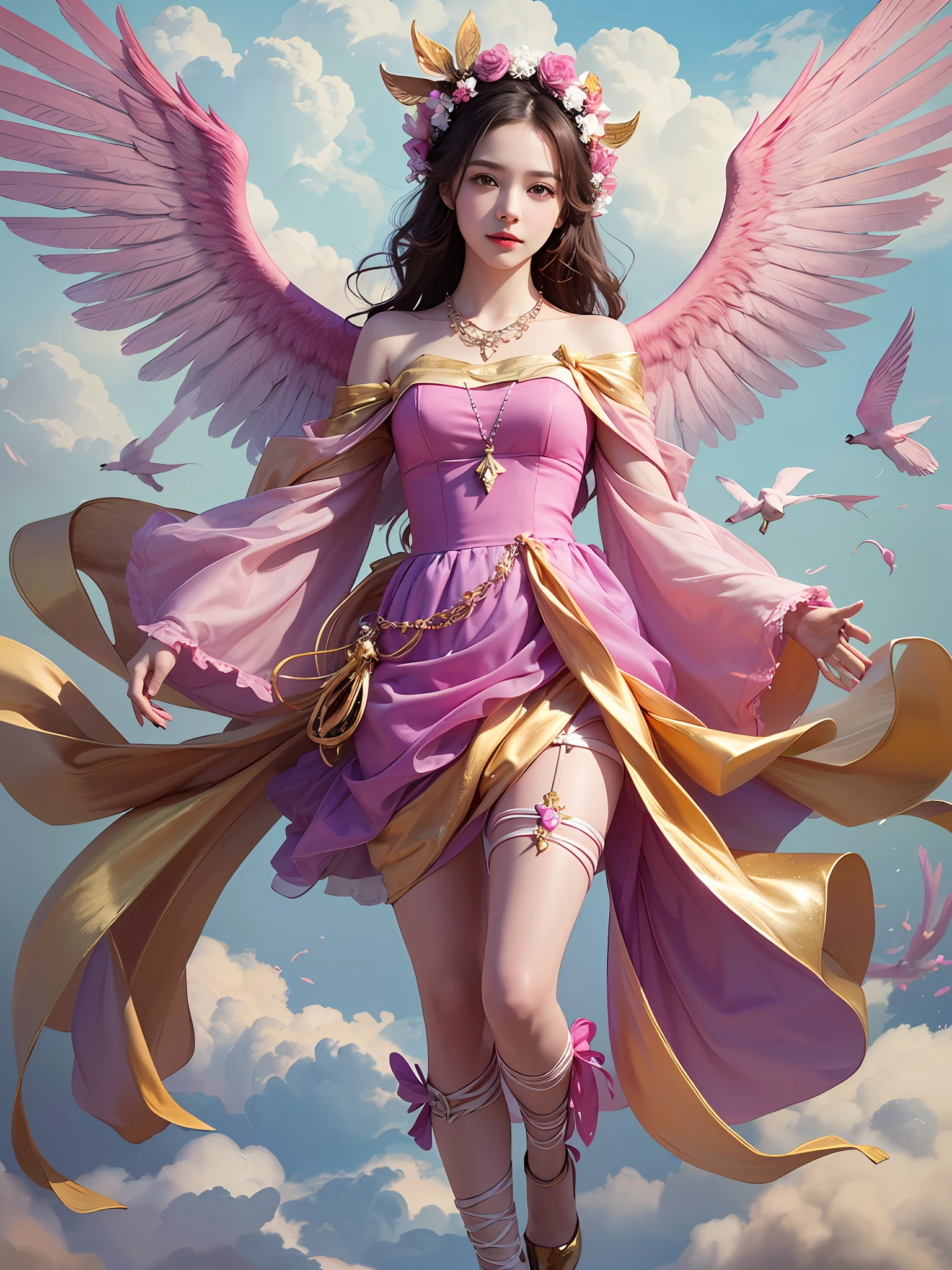 1 Girl,solo, Teenage, pinkdress, pairs of pink bird wings on head, Gold necklace, Cloudy background, Colorful clouds, Full body, Floating in the sky, looking looking at viewer,
((巨作)), ((Best quality)), ((highly-detailing)), (Detailed face), (offcial art),
