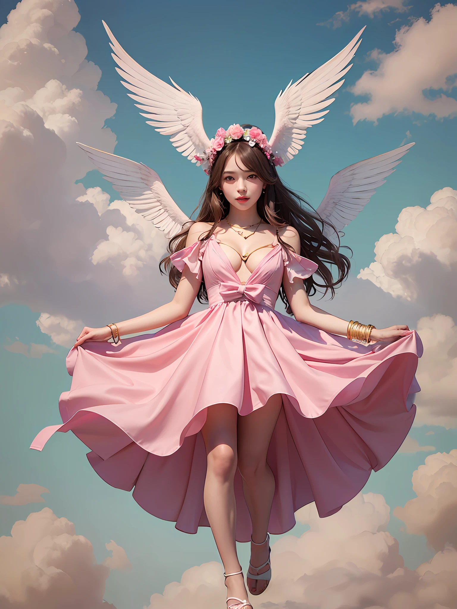 1 Girl,solo, Teenage, pinkdress, pairs of pink bird wings on head, Gold necklace, Cloudy background, Colorful clouds, Full body, Floating in the sky, looking looking at viewer, 
((巨作)), ((Best quality)), ((highly-detailing)),  (Detailed face), (offcial art),