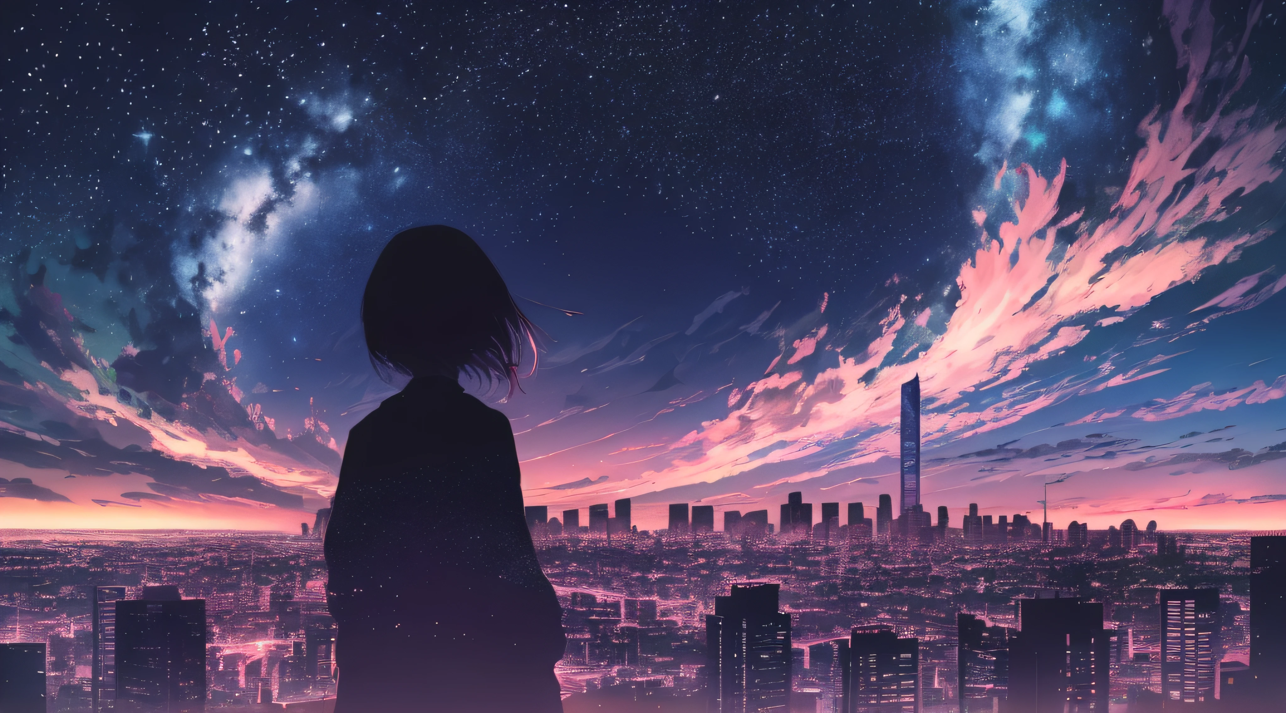 anime,silhouette,1girl, star (sky), cloud, cityscape, building, city, outdoors, skyscraper, city lights, night, night sky, sunset, skyline